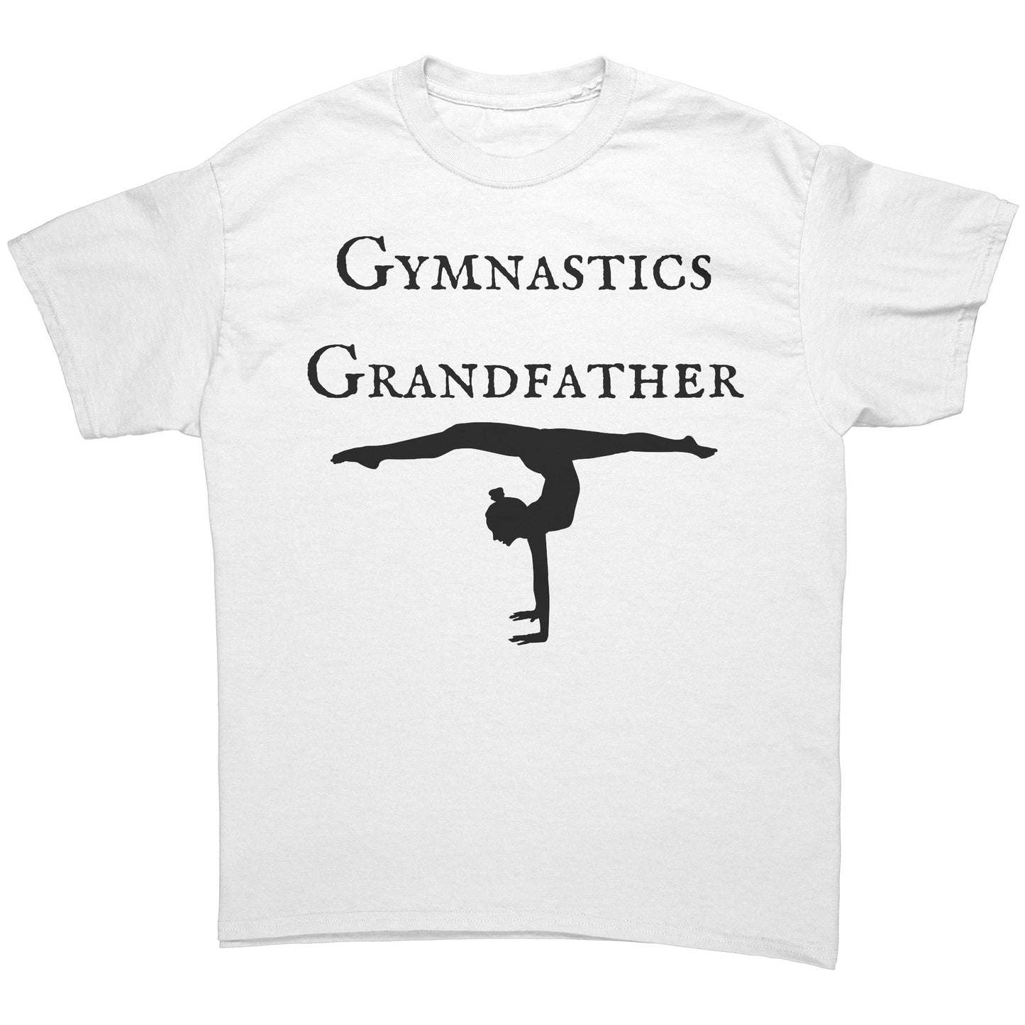 White colored gymnastics Grandfather t-shirt that features a bold "Gymnastics Grandfather" text on the front, accompanied by an inspiring image of a female gymnast.