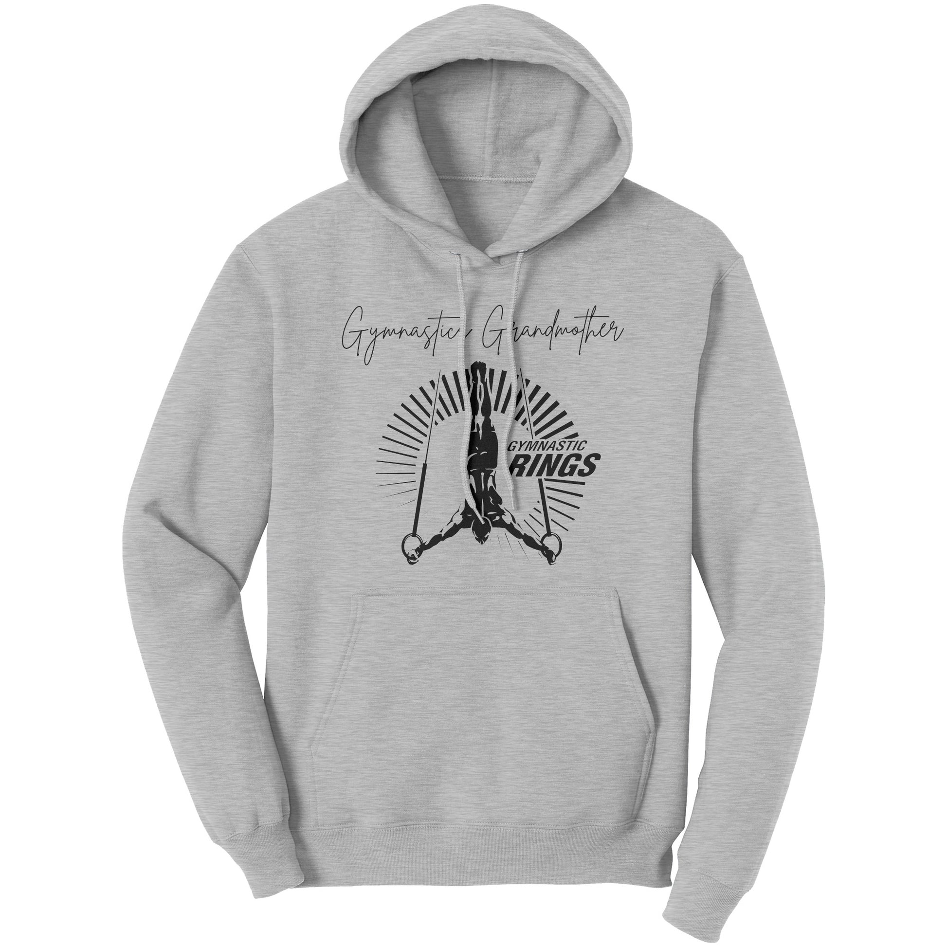 Heather Grey Gymnastics Grandmother sweatshirt features a captivating image of a male gymnast on the rings on the front and the works Gymnastics Grandmother.