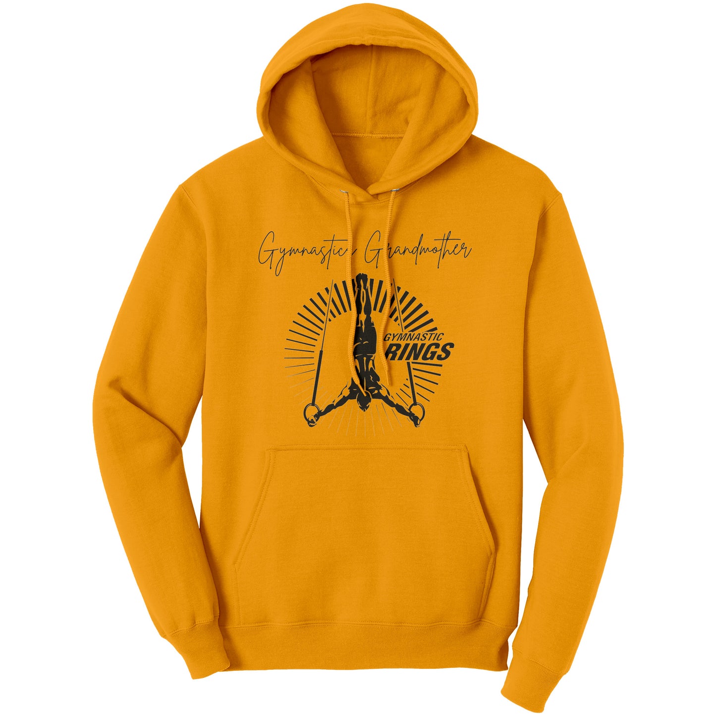 Gold Gymnastics Grandmother sweatshirt features a captivating image of a male gymnast on the rings on the front and the works Gymnastics Grandmother.