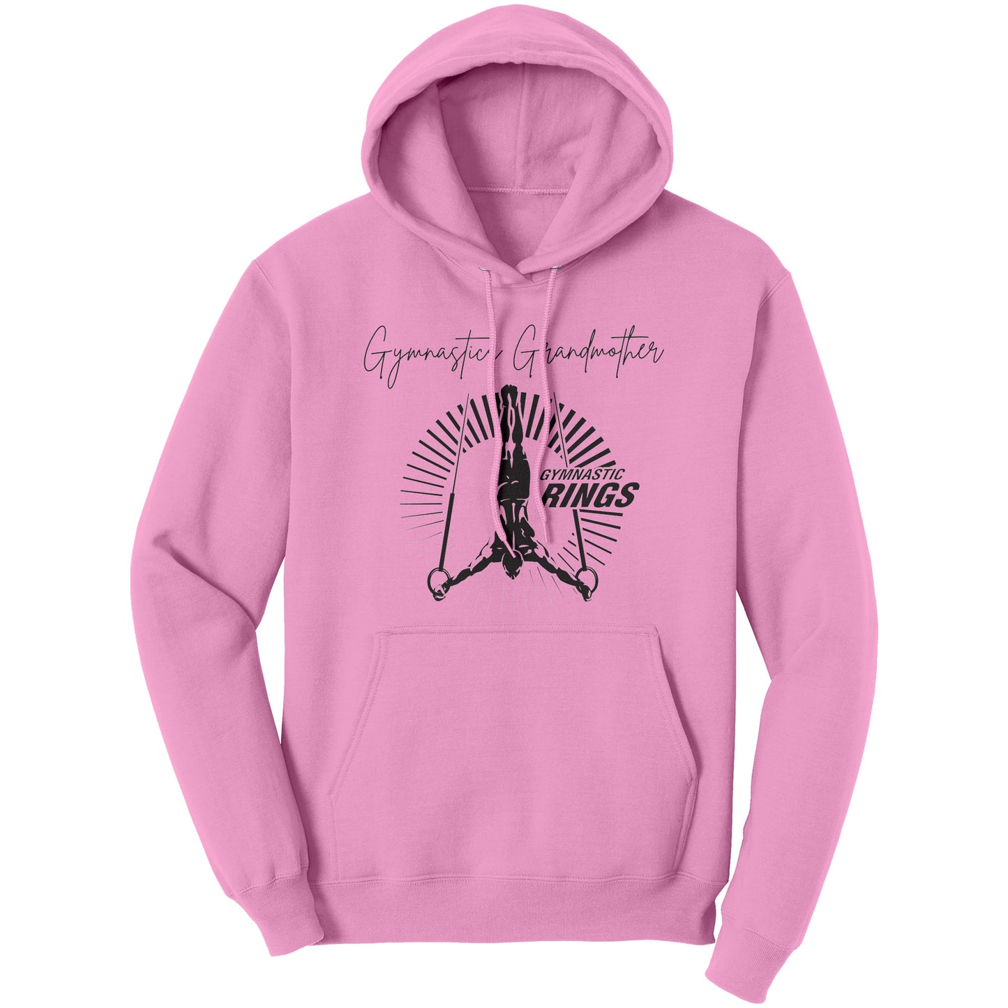 Light Pink Gymnastics Grandmother sweatshirt features a captivating image of a male gymnast on the rings on the front and the works Gymnastics Grandmother.