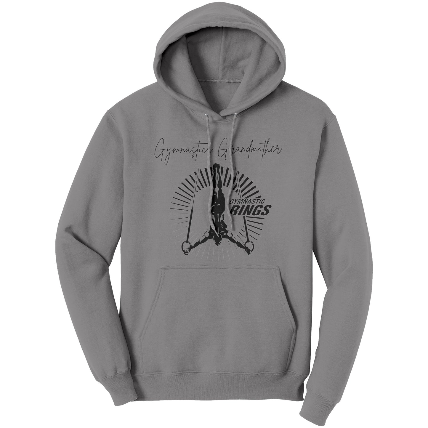 Medium Grey  Gymnastics Grandmother sweatshirt features a captivating image of a male gymnast on the rings on the front and the works Gymnastics Grandmother.