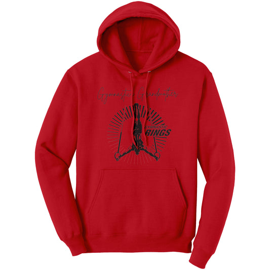 Red Gymnastics Grandmother sweatshirt features a captivating image of a male gymnast on the rings on the front and the works Gymnastics Grandmother.