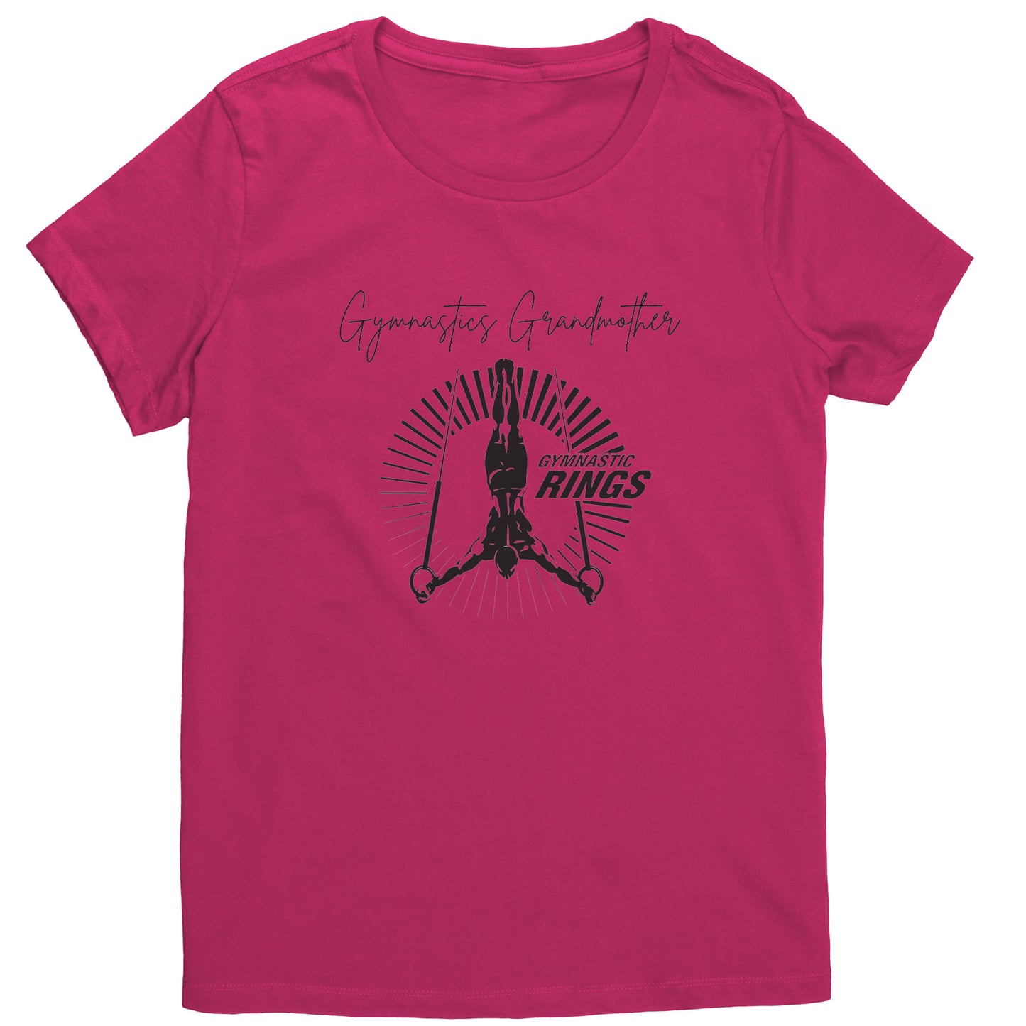 Dark Fuchsia colored Gymnastics Grandmother t-shirt features a captivating image of a male gymnast on the rings on the front and the works Gymnastics Grandmother.