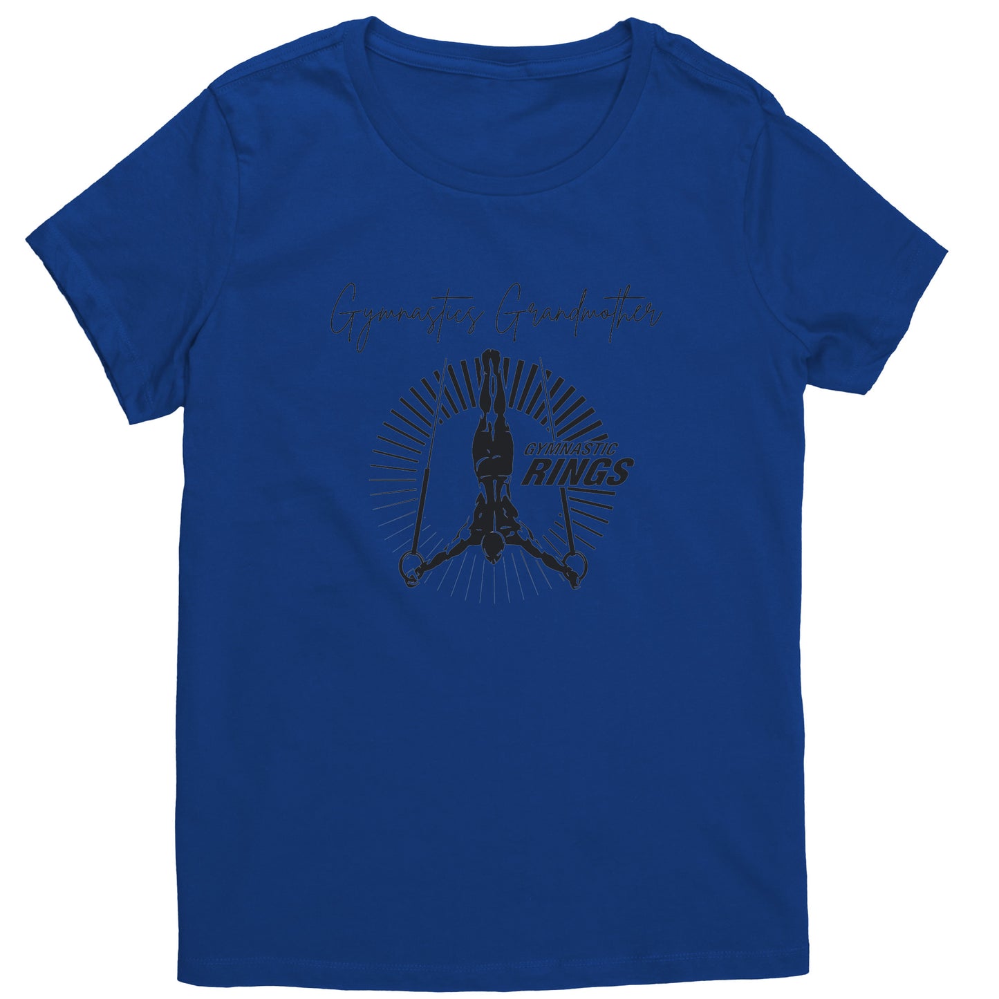 Royal colored Gymnastics Grandmother t-shirt features a captivating image of a male gymnast on the rings on the front and the works Gymnastics Grandmother.