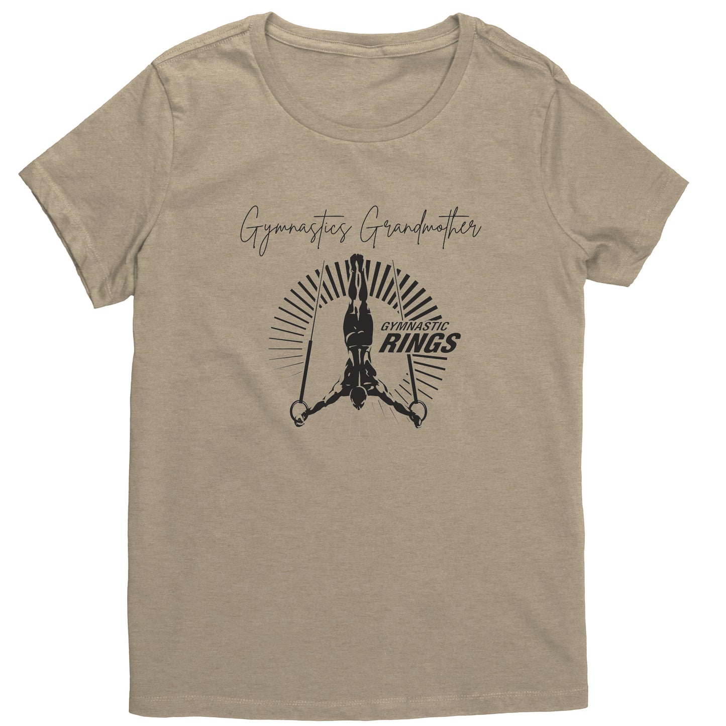 Heathered Latte colored Gymnastics Grandmother t-shirt features a captivating image of a male gymnast on the rings on the front and the works Gymnastics Grandmother.