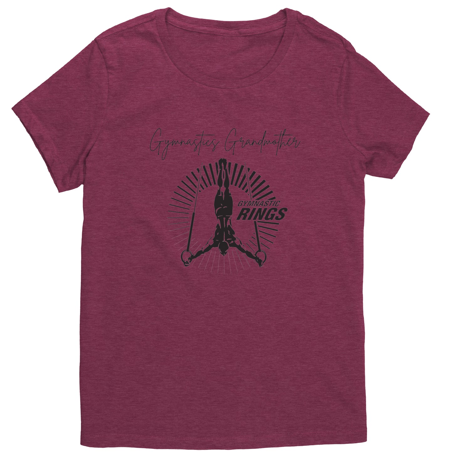 Heathered Loganberry colored Gymnastics Grandmother t-shirt features a captivating image of a male gymnast on the rings on the front and the works Gymnastics Grandmother.