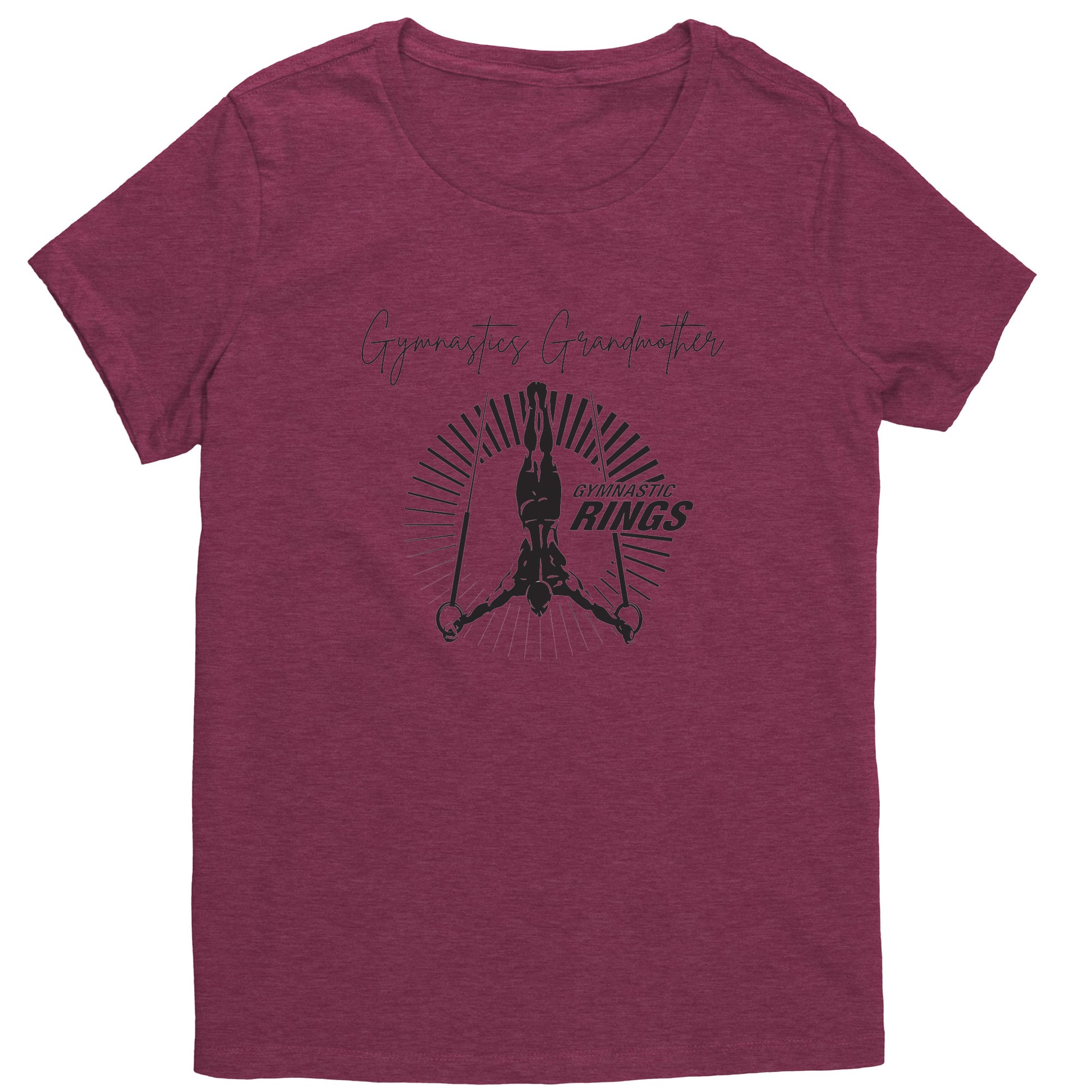 Heathered Loganberry colored Gymnastics Grandmother t-shirt features a captivating image of a male gymnast on the rings on the front and the works Gymnastics Grandmother.
