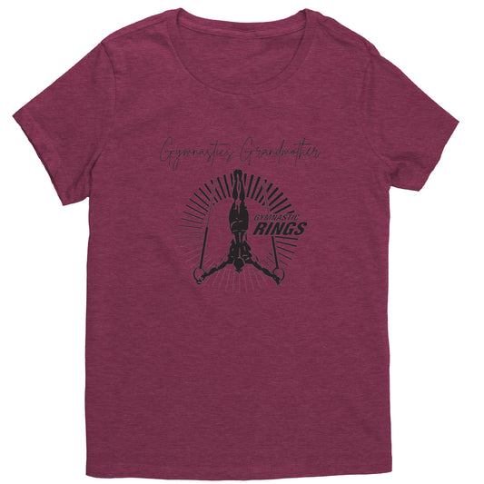 Heathered Loganberry colored Gymnastics Grandmother t-shirt features a captivating image of a male gymnast on the rings on the front and the works Gymnastics Grandmother.