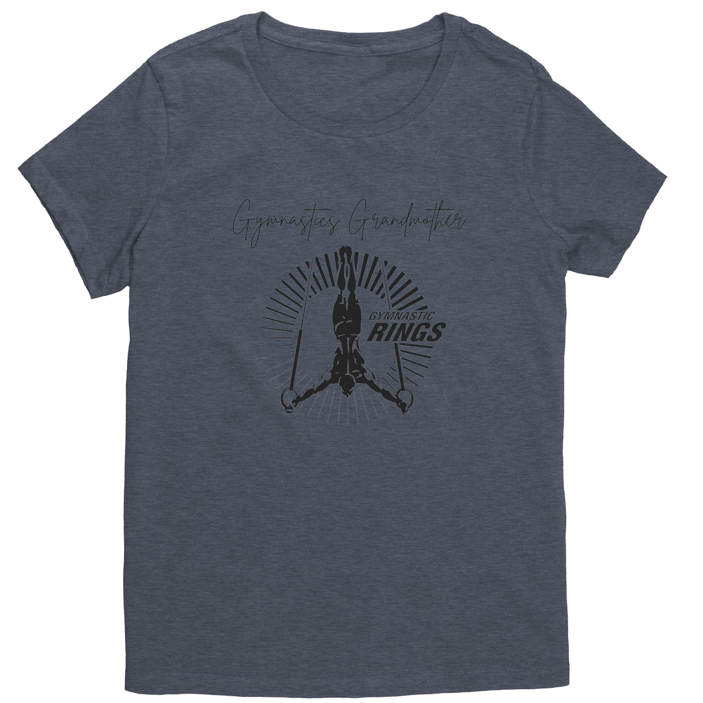 Heathered Navy colored Gymnastics Grandmother t-shirt features a captivating image of a male gymnast on the rings on the front and the works Gymnastics Grandmother.