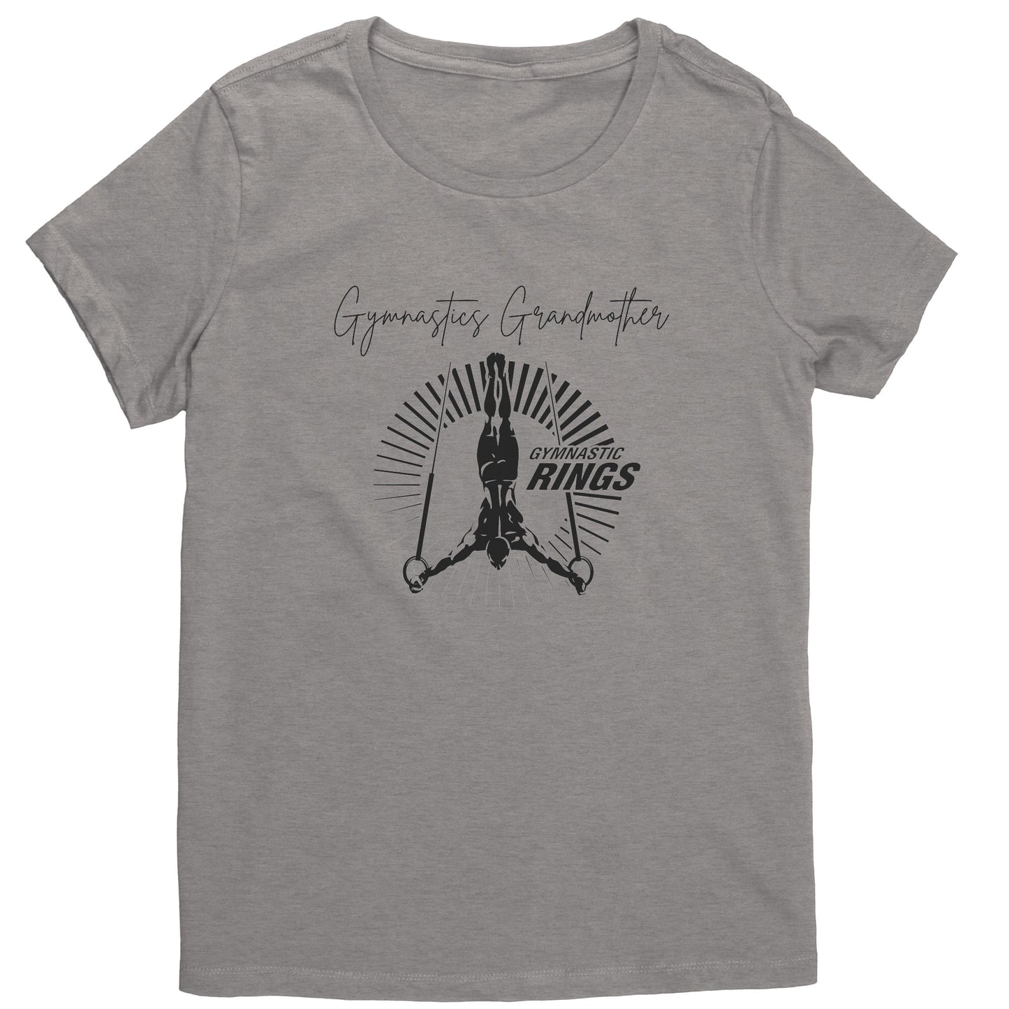 Silver colored Gymnastics Grandmother t-shirt features a captivating image of a male gymnast on the rings on the front and the works Gymnastics Grandmother.