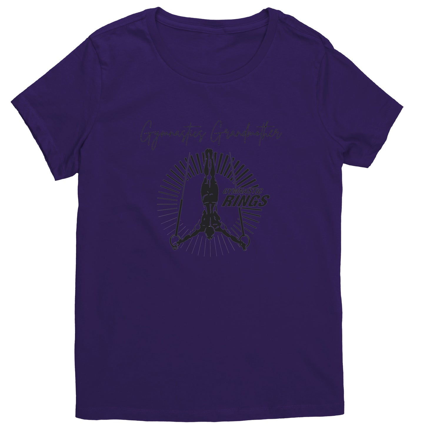 Purple colored Gymnastics Grandmother t-shirt features a captivating image of a male gymnast on the rings on the front and the works Gymnastics Grandmother.