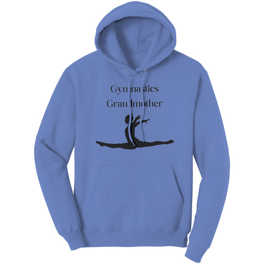 Carolina Blue colored Gymnastics Grandmother' hoodie with black text that says Gymnastics Grandmother and featuring a captivating image of a leaping gymnast on the front
