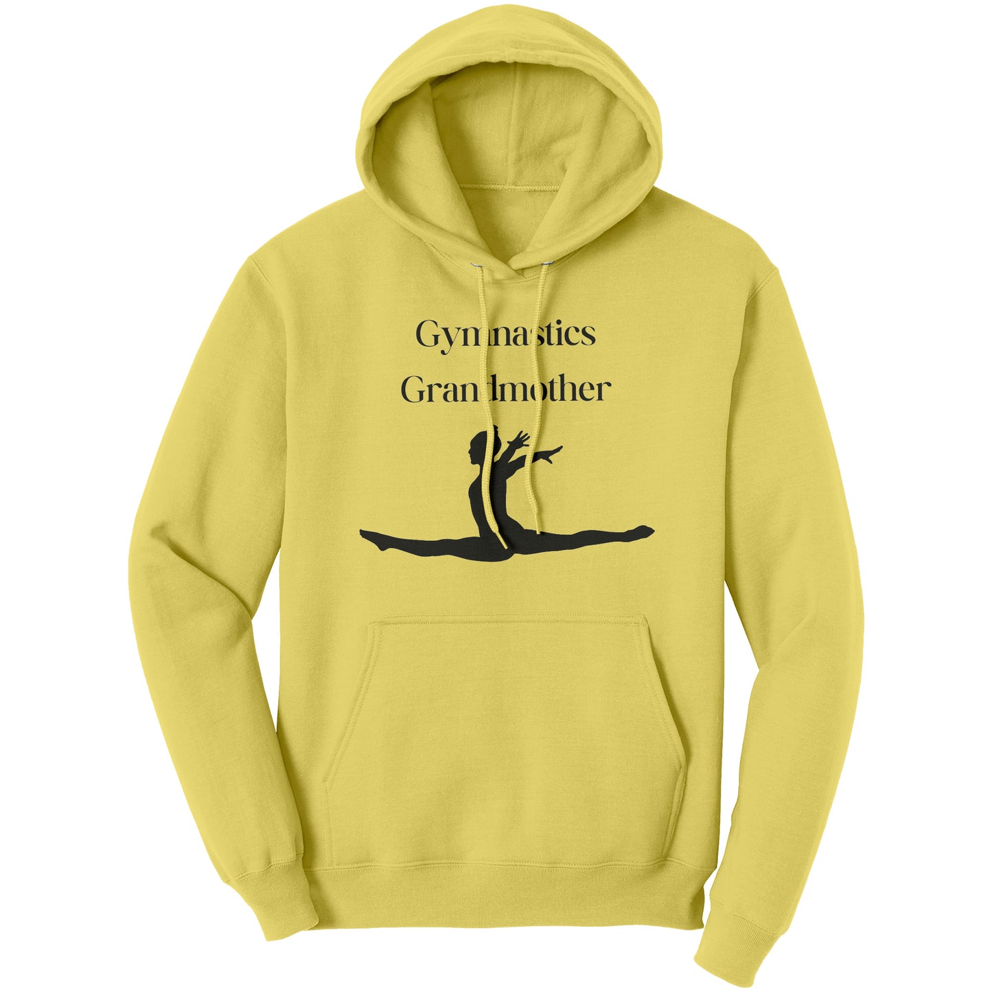 Yellow colored Gymnastics Grandmother' hoodie with black text that says Gymnastics Grandmother and featuring a captivating image of a leaping gymnast on the front