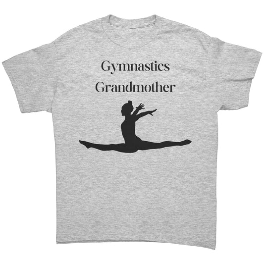 Ash colored Gymnastics Grandmother' t-shirt with black text that says Gymnastics Grandmother and featuring a captivating image of a leaping gymnast on the front
