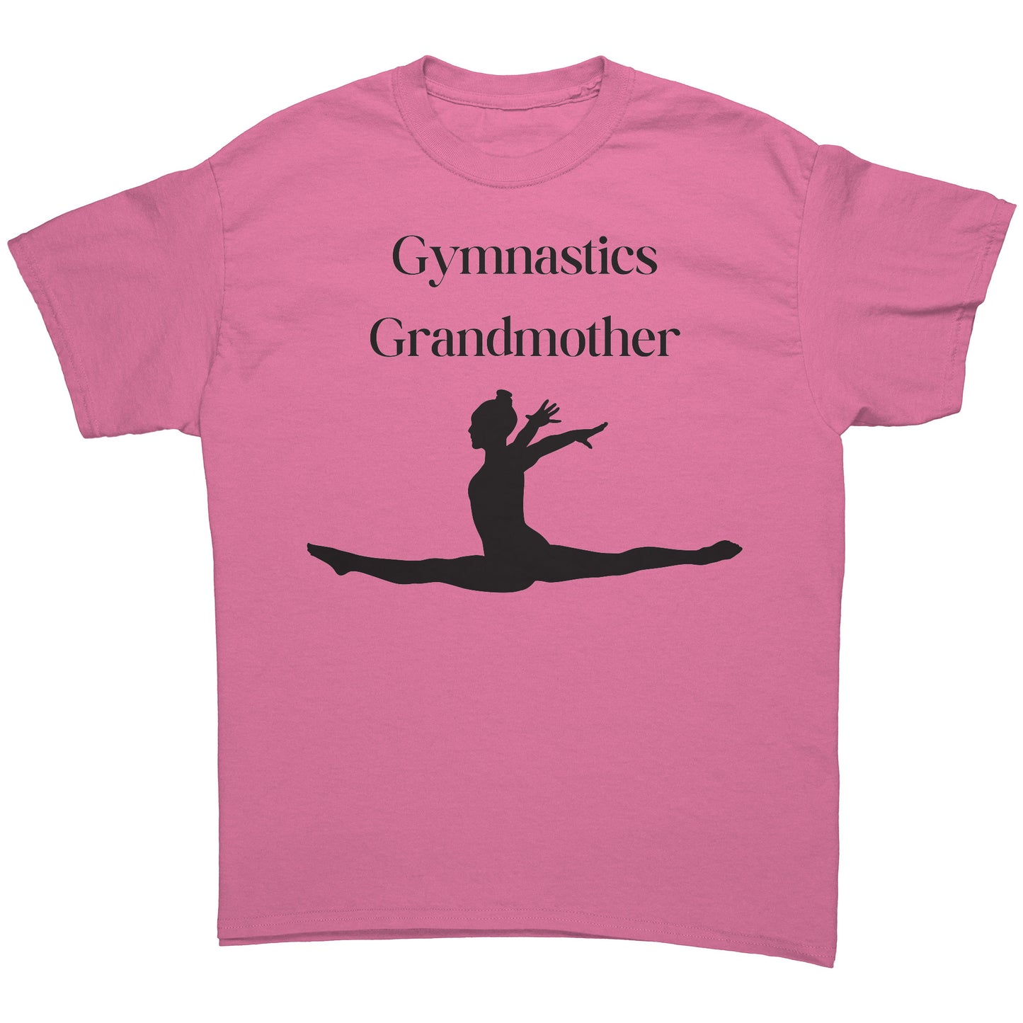 Azalea colored Gymnastics Grandmother' t-shirt with black text that says Gymnastics Grandmother and featuring a captivating image of a leaping gymnast on the front