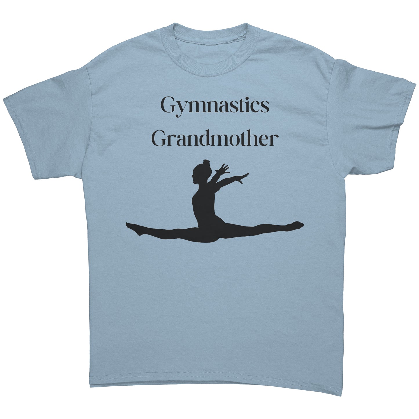 Light Blue colored Gymnastics Grandmother' t-shirt with black text that says Gymnastics Grandmother and featuring a captivating image of a leaping gymnast on the front