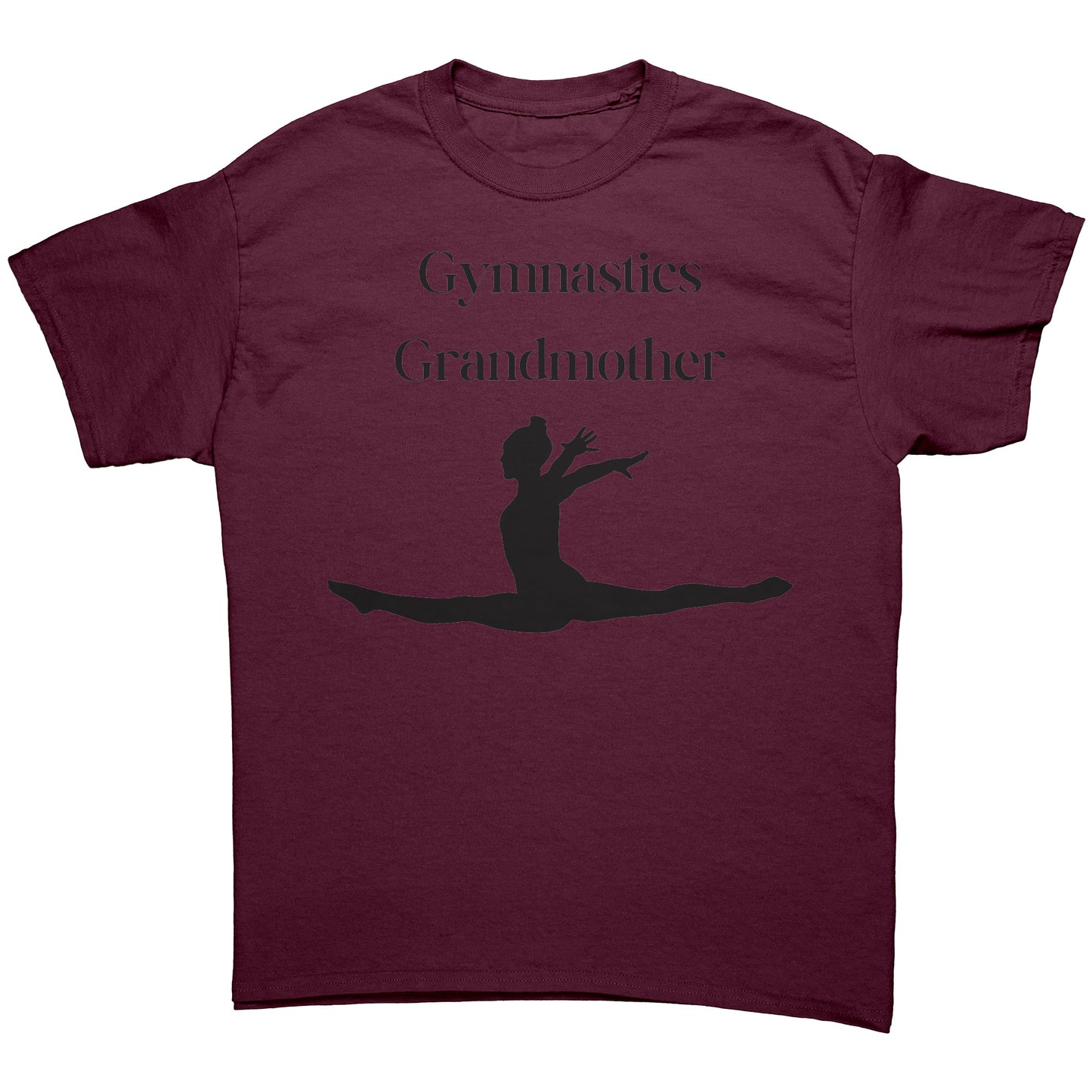 Maroon colored Gymnastics Grandmother' t-shirt with black text that says Gymnastics Grandmother and featuring a captivating image of a leaping gymnast on the front
