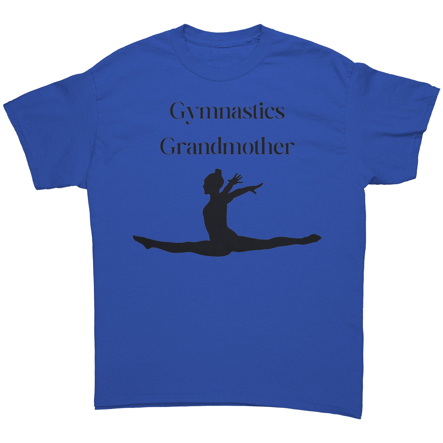Royal colored Gymnastics Grandmother' t-shirt with black text that says Gymnastics Grandmother and featuring a captivating image of a leaping gymnast on the front