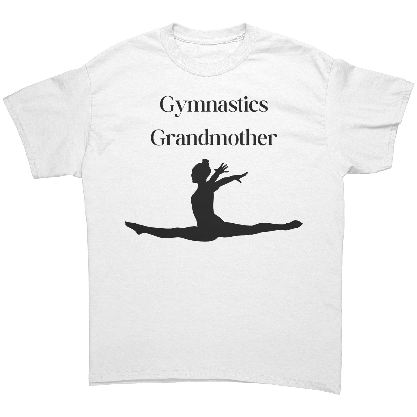 White colored Gymnastics Grandmother' t-shirt with black text that says Gymnastics Grandmother and featuring a captivating image of a leaping gymnast on the front