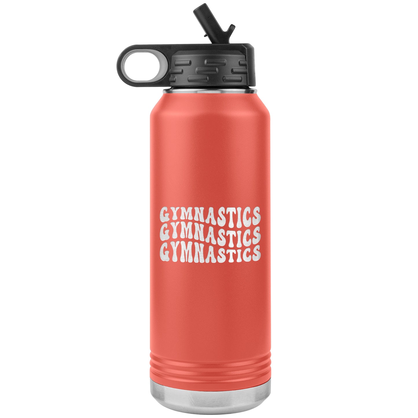 Coral Gymnastics Gymnastics Gymnastics 32oz Stainless Steel Water Bottle This water bottle says Gymnastics Gymnastics Gymnastics in a fun wavy bubble font. 