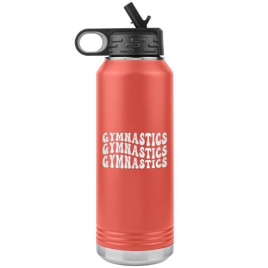 Coral Gymnastics Gymnastics Gymnastics 32oz Stainless Steel Water Bottle This water bottle says Gymnastics Gymnastics Gymnastics in a fun wavy bubble font. 