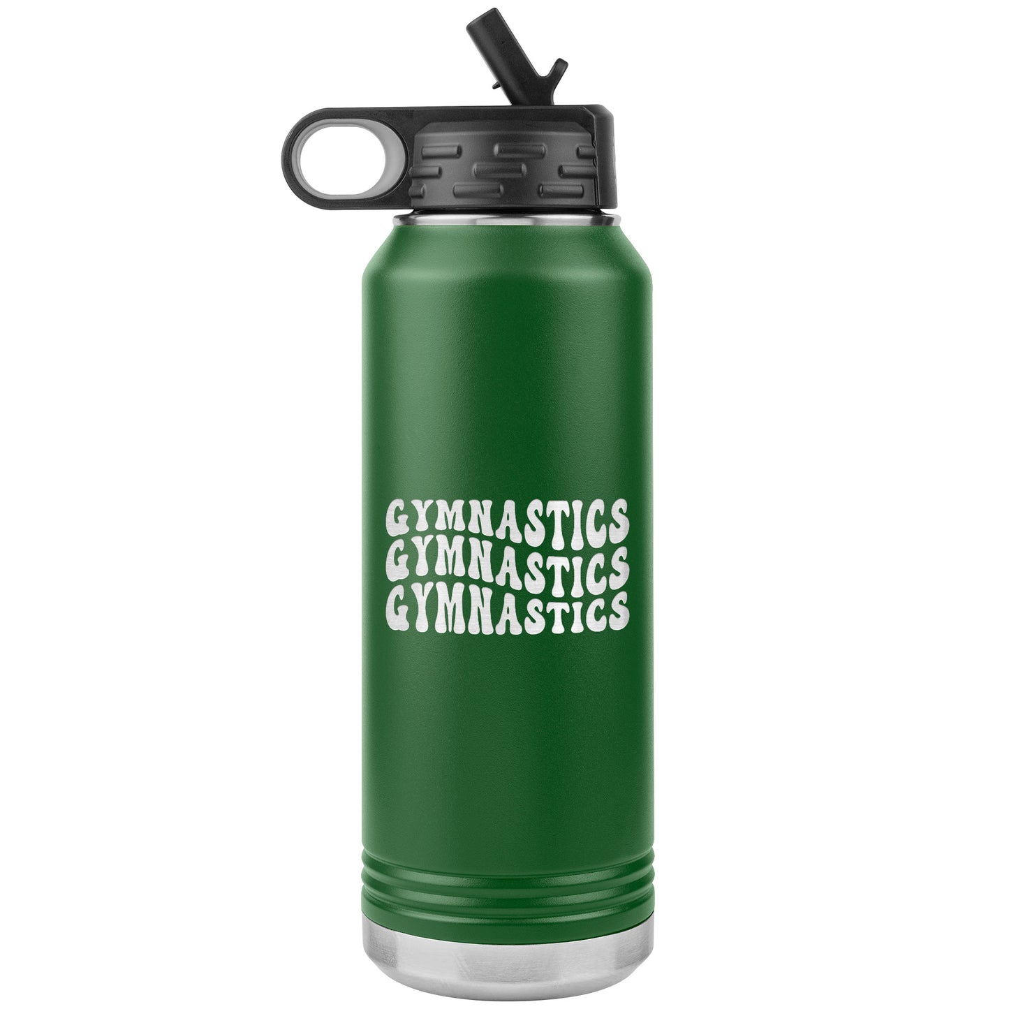 Green Gymnastics Gymnastics Gymnastics 32oz Stainless Steel Water Bottle This water bottle says Gymnastics Gymnastics Gymnastics in a fun wavy bubble font. 