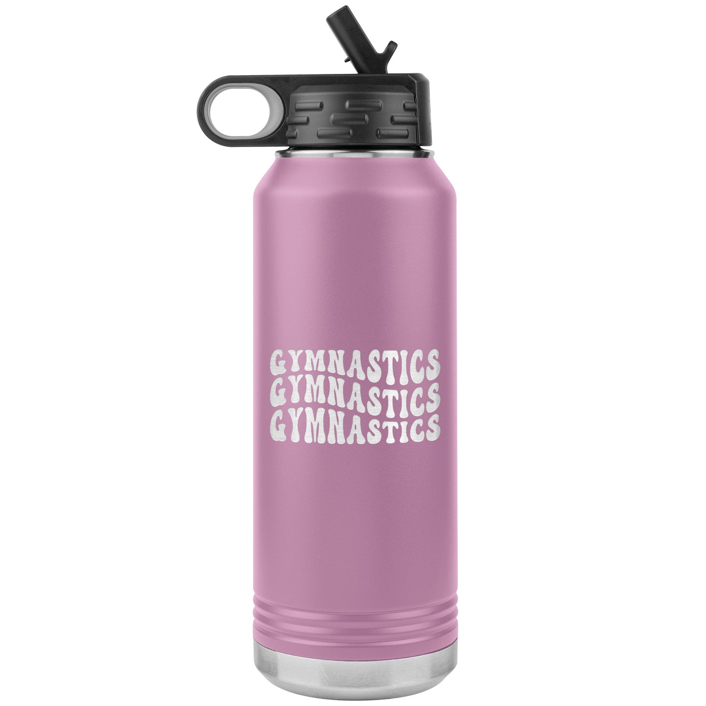 Light Purple Gymnastics Gymnastics Gymnastics 32oz Stainless Steel Water Bottle This water bottle says Gymnastics Gymnastics Gymnastics in a fun wavy bubble font. 