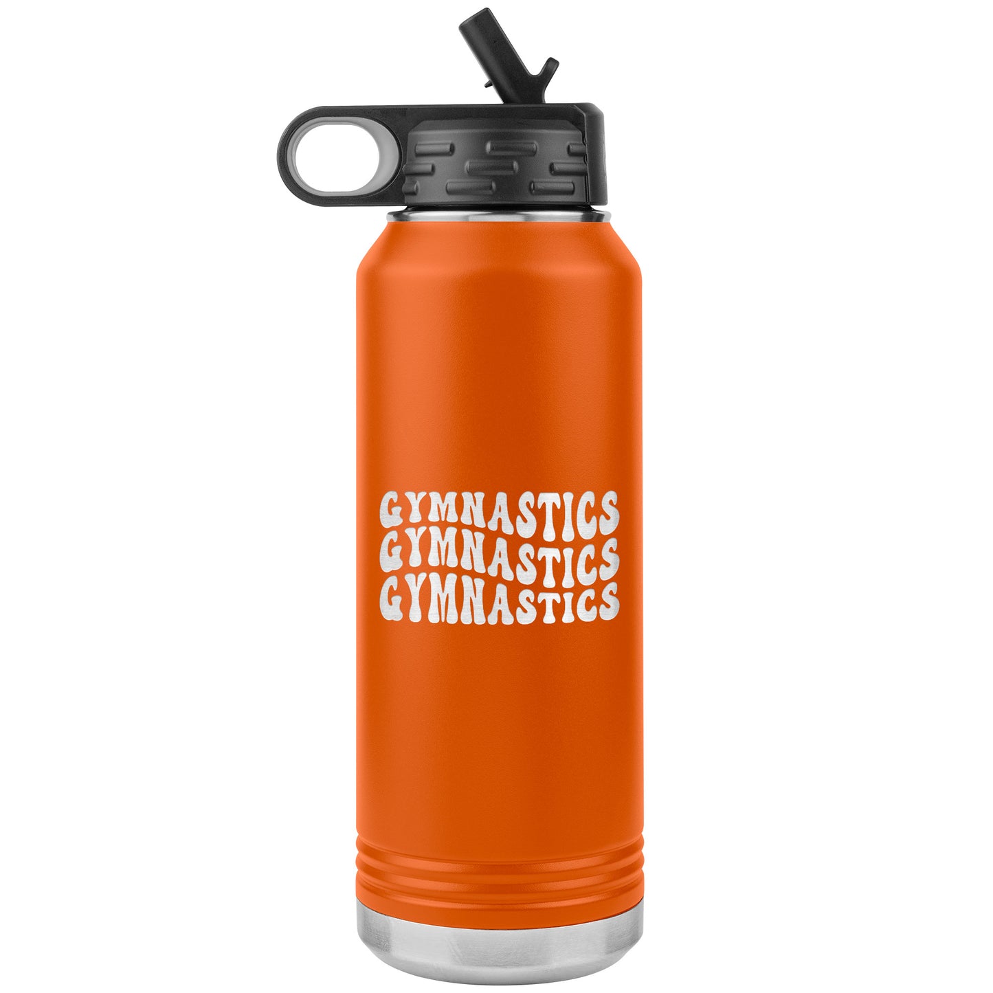 Orange Gymnastics Gymnastics Gymnastics 32oz Stainless Steel Water Bottle This water bottle says Gymnastics Gymnastics Gymnastics in a fun wavy bubble font. 