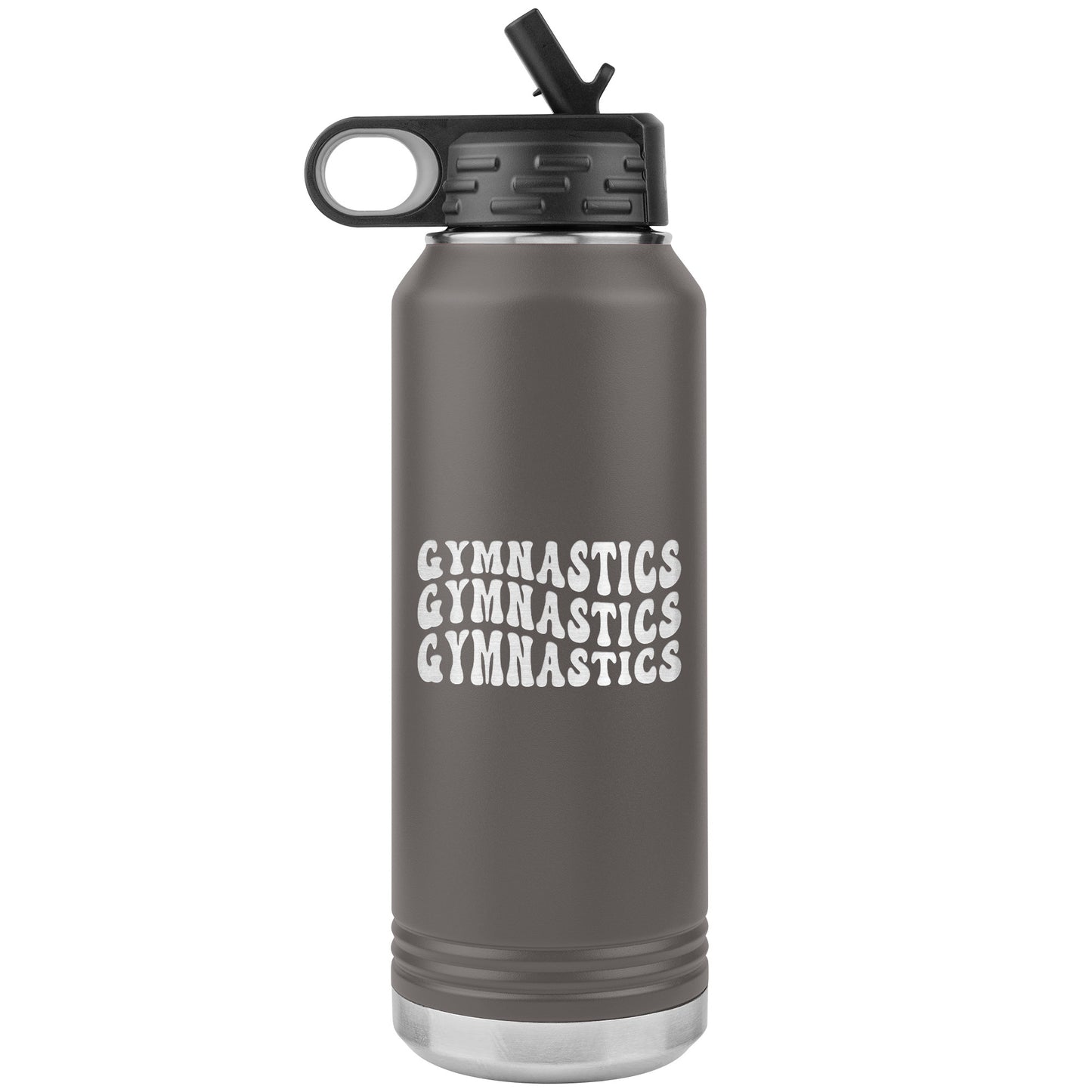 Pewter Gymnastics Gymnastics Gymnastics 32oz Stainless Steel Water Bottle This water bottle says Gymnastics Gymnastics Gymnastics in a fun wavy bubble font. 