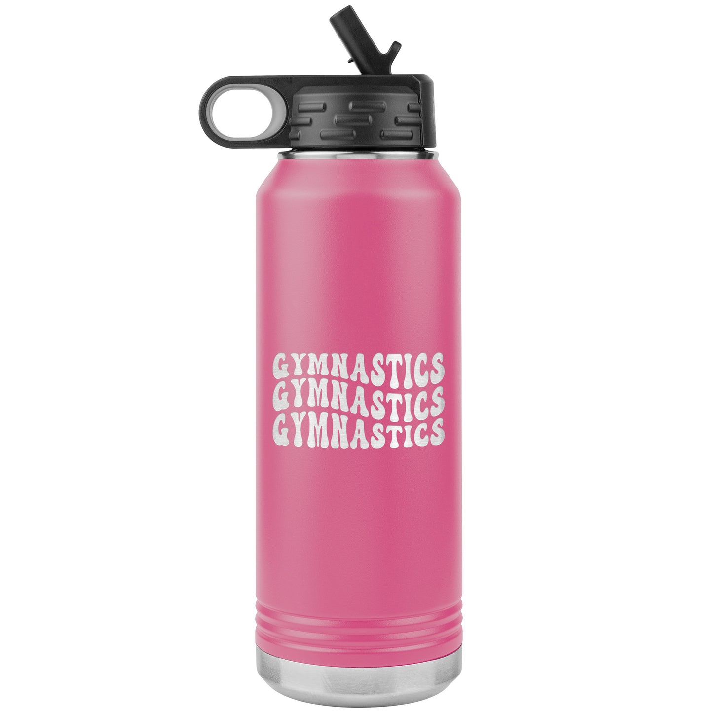 Pink Gymnastics Gymnastics Gymnastics 32oz Stainless Steel Water Bottle This water bottle says Gymnastics Gymnastics Gymnastics in a fun wavy bubble font. 