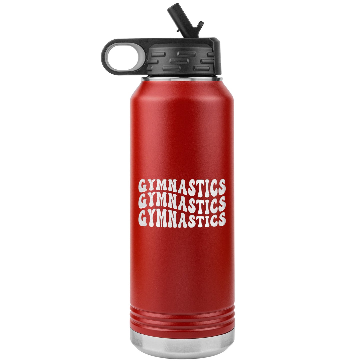 Red Gymnastics Gymnastics Gymnastics 32oz Stainless Steel Water Bottle This water bottle says Gymnastics Gymnastics Gymnastics in a fun wavy bubble font. 