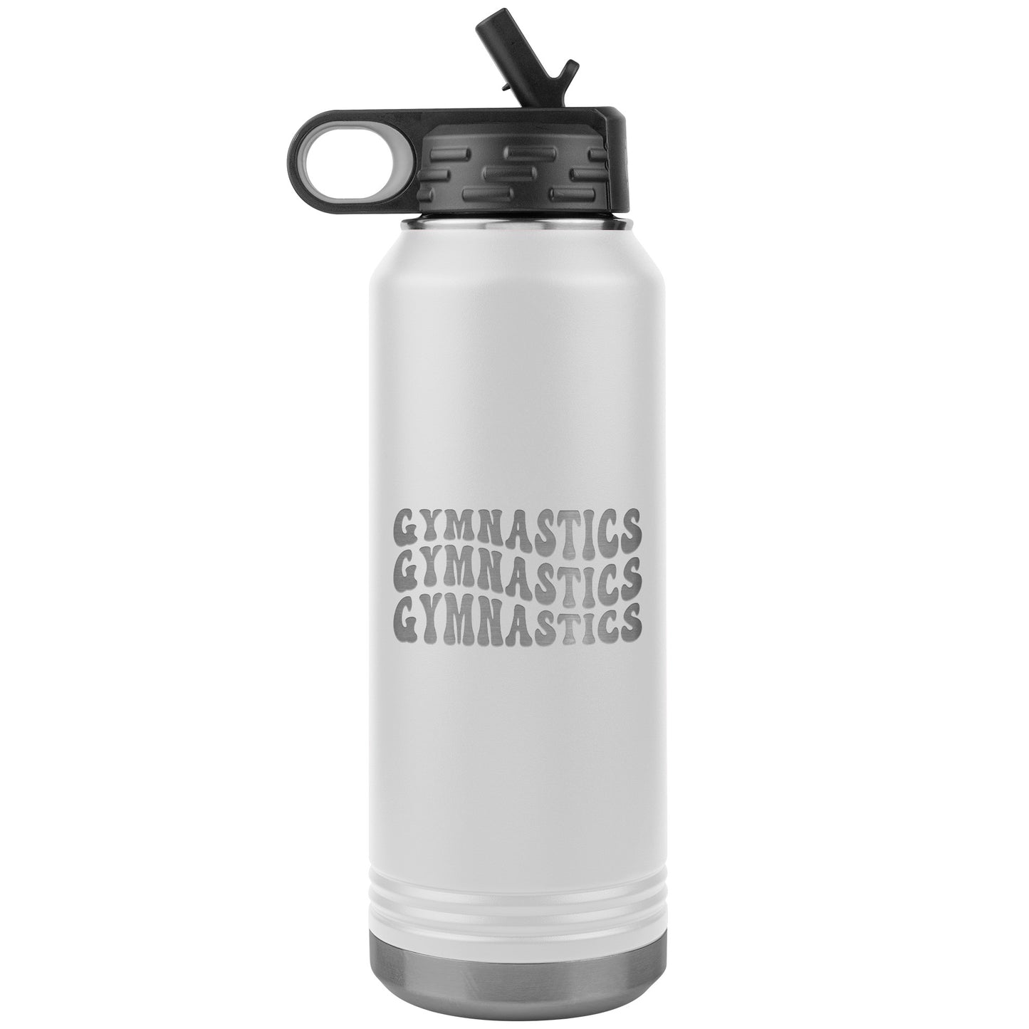 White Gymnastics Gymnastics Gymnastics 32oz Stainless Steel Water Bottle This water bottle says Gymnastics Gymnastics Gymnastics in a fun wavy bubble font. 