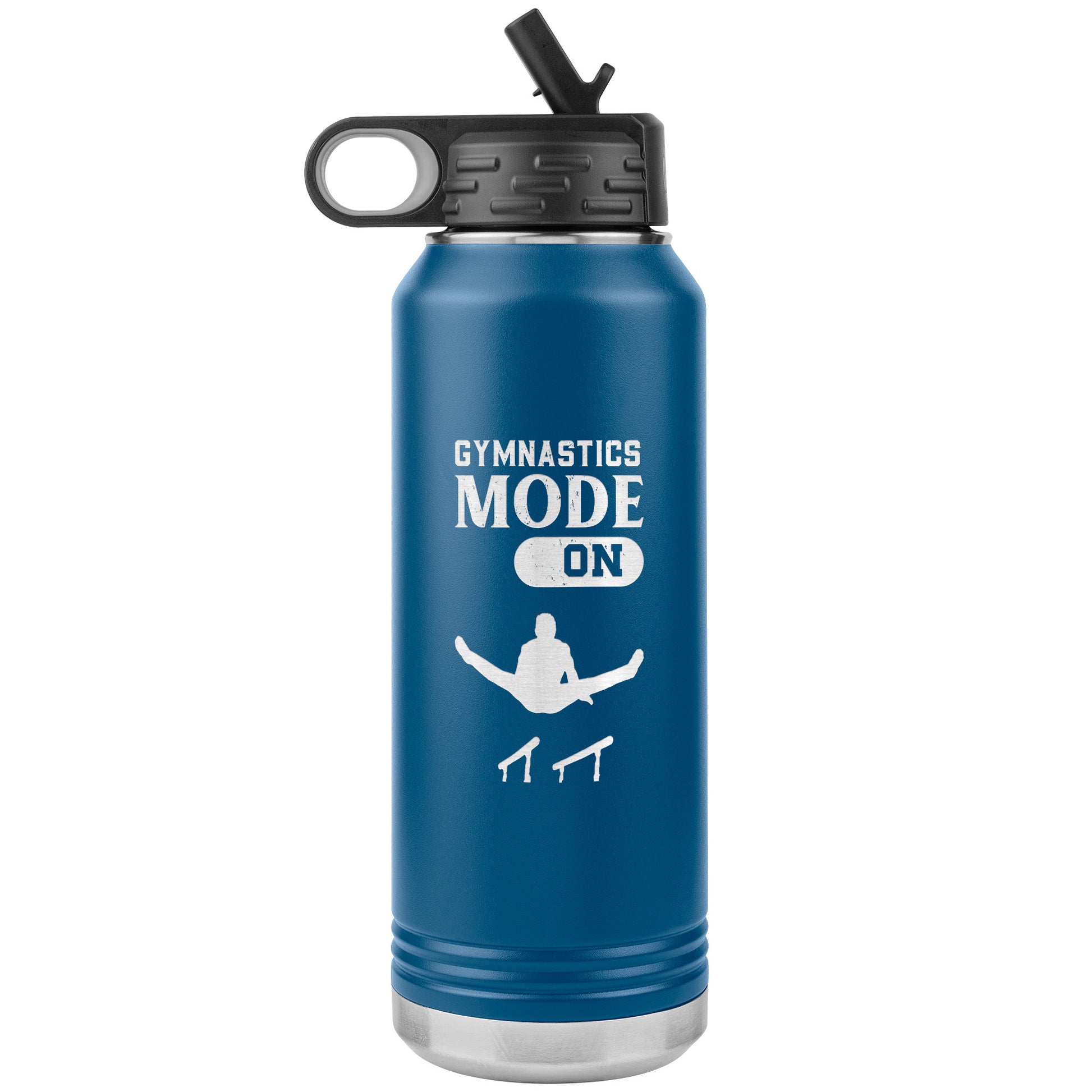 Blue Gymnastics Mode: On Men's Gymnastics Water Bottle. This 32oz stainless steel water bottle says "Gymnastics Mode: On" along with the image of a male gymnast flying above the parallel bars.