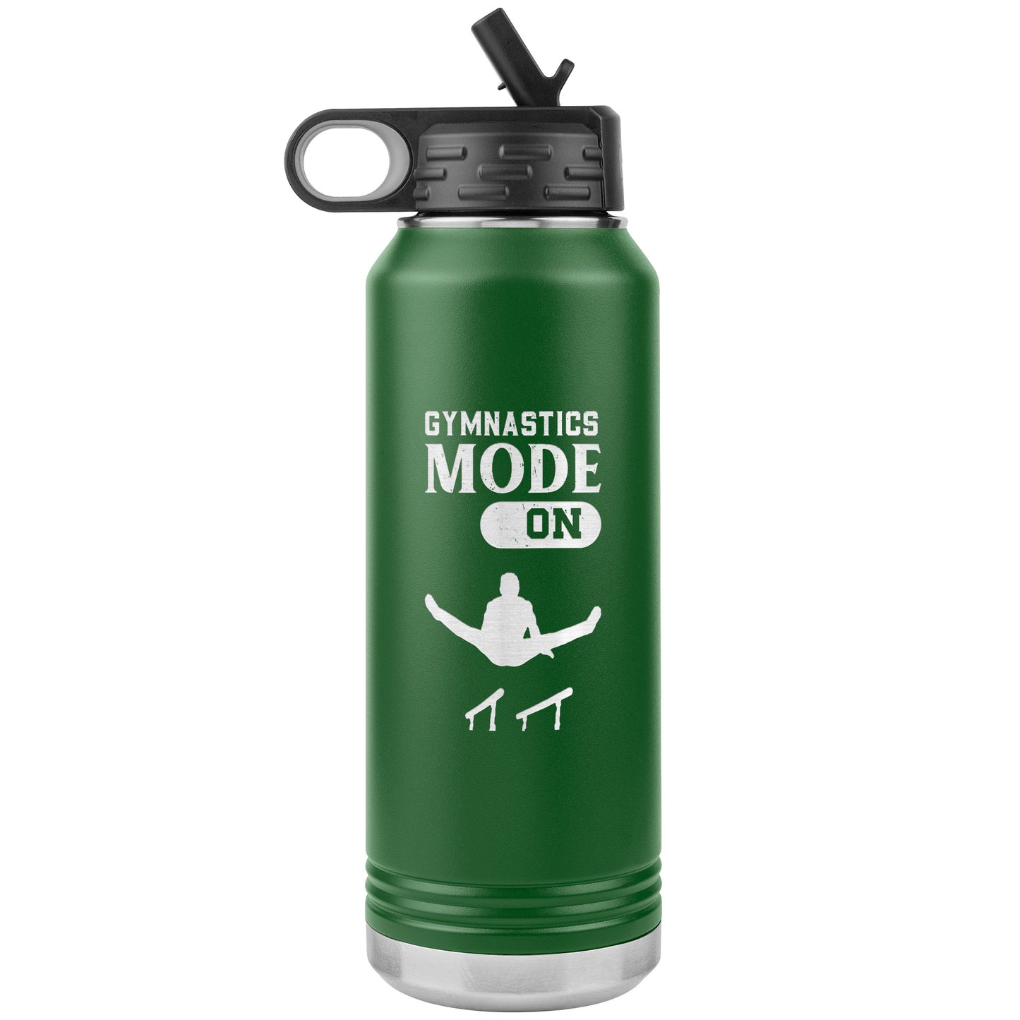 Green Gymnastics Mode: On Men's Gymnastics Water Bottle. This 32oz stainless steel water bottle says "Gymnastics Mode: On" along with the image of a male gymnast flying above the parallel bars.