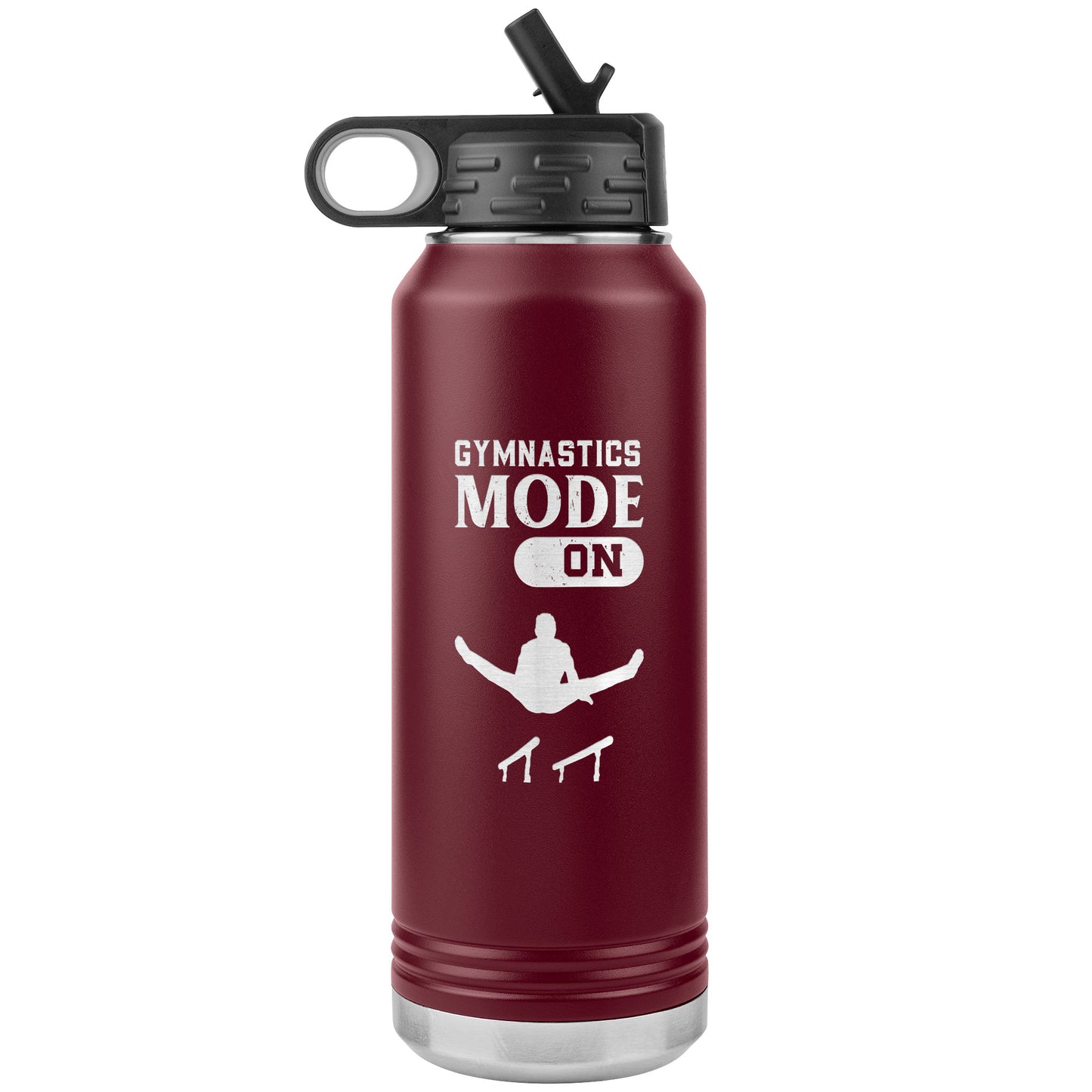 Maroon Gymnastics Mode: On Men's Gymnastics Water Bottle. This 32oz stainless steel water bottle says "Gymnastics Mode: On" along with the image of a male gymnast flying above the parallel bars.
