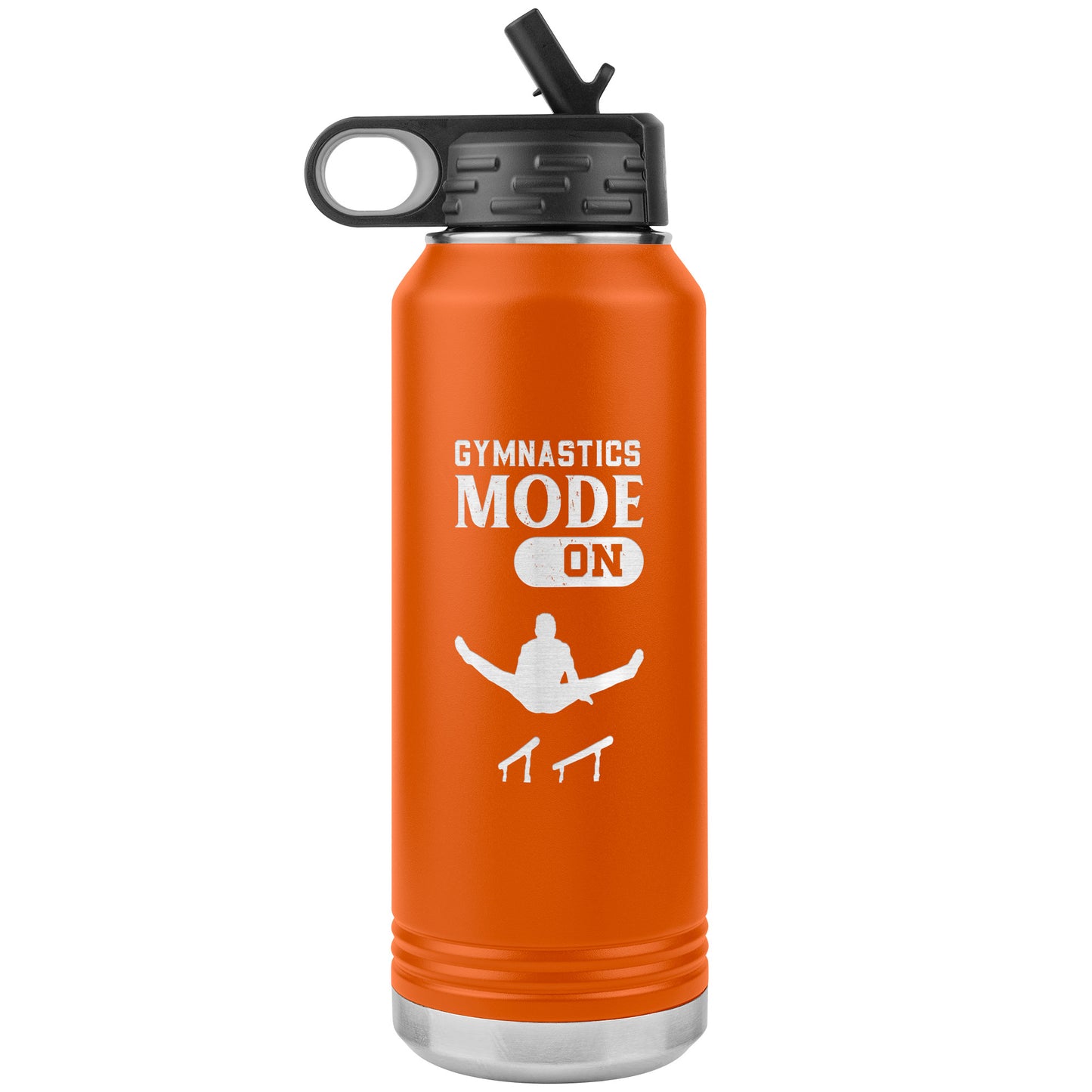 Orange Gymnastics Mode: On Men's Gymnastics Water Bottle. This 32oz stainless steel water bottle says "Gymnastics Mode: On" along with the image of a male gymnast flying above the parallel bars.