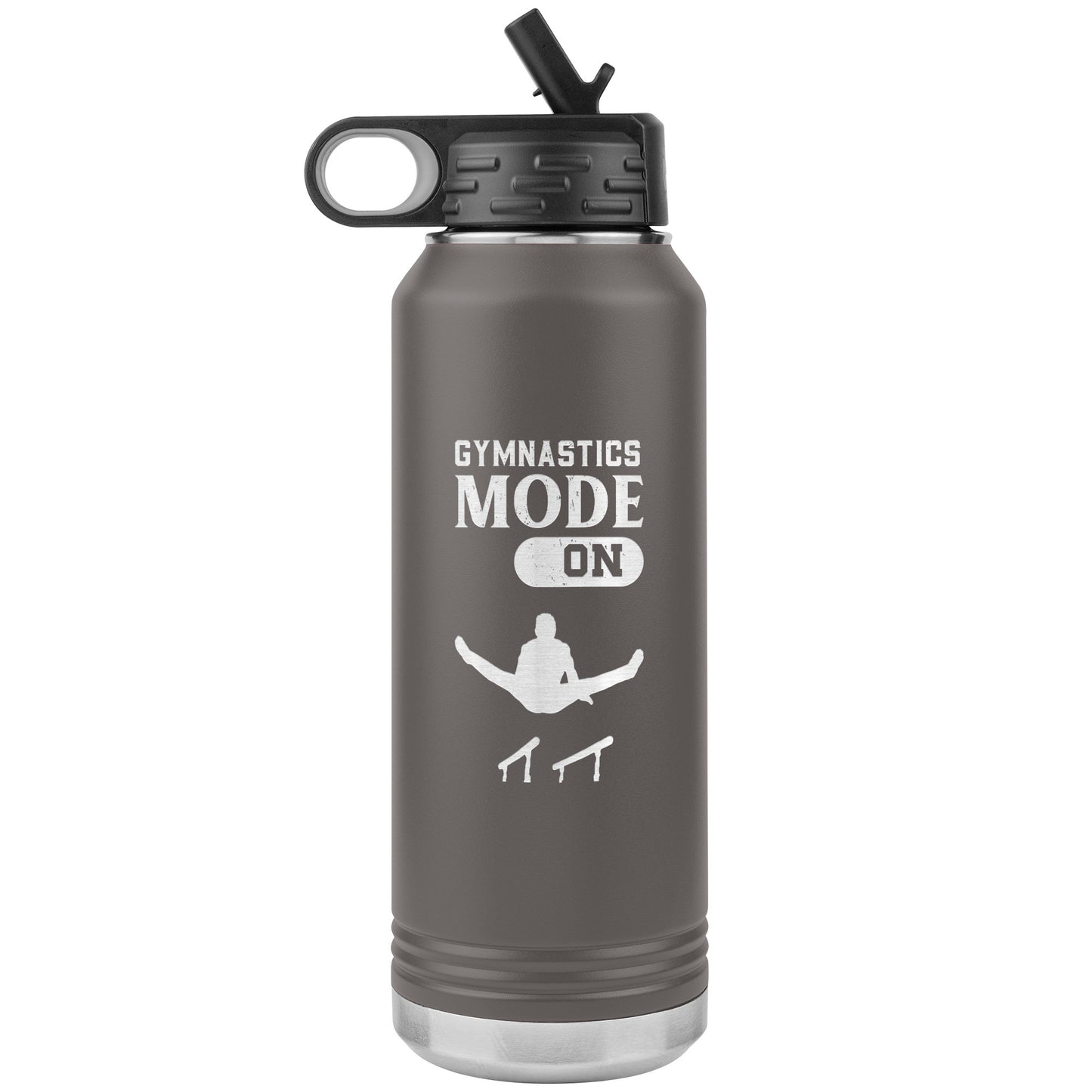 Pewter Gymnastics Mode: On Men's Gymnastics Water Bottle. This 32oz stainless steel water bottle says "Gymnastics Mode: On" along with the image of a male gymnast flying above the parallel bars.