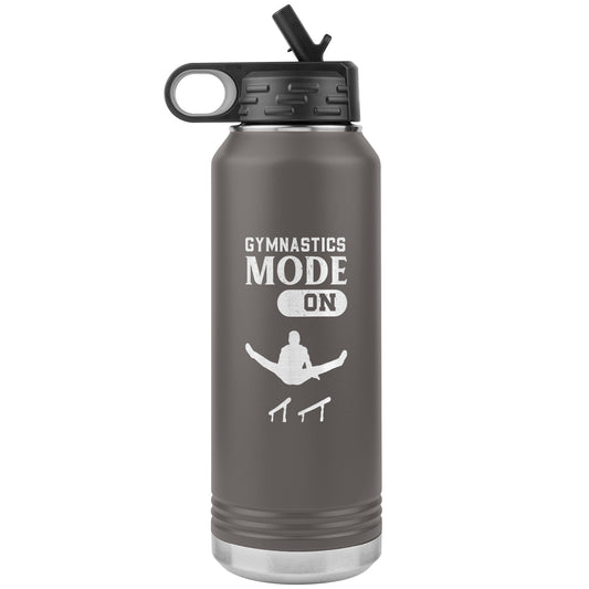 Pewter Gymnastics Mode: On Men's Gymnastics Water Bottle. This 32oz stainless steel water bottle says "Gymnastics Mode: On" along with the image of a male gymnast flying above the parallel bars.