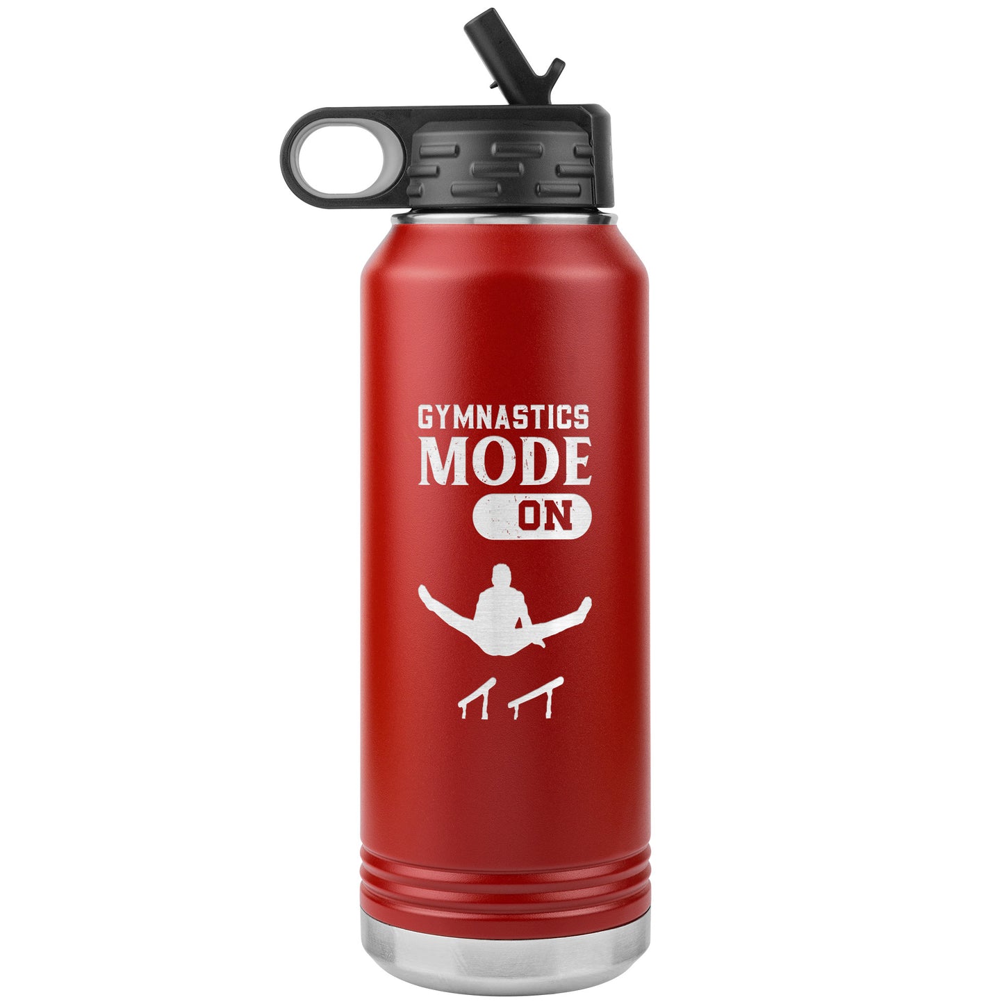 Red Gymnastics Mode: On Men's Gymnastics Water Bottle. This 32oz stainless steel water bottle says "Gymnastics Mode: On" along with the image of a male gymnast flying above the parallel bars.
