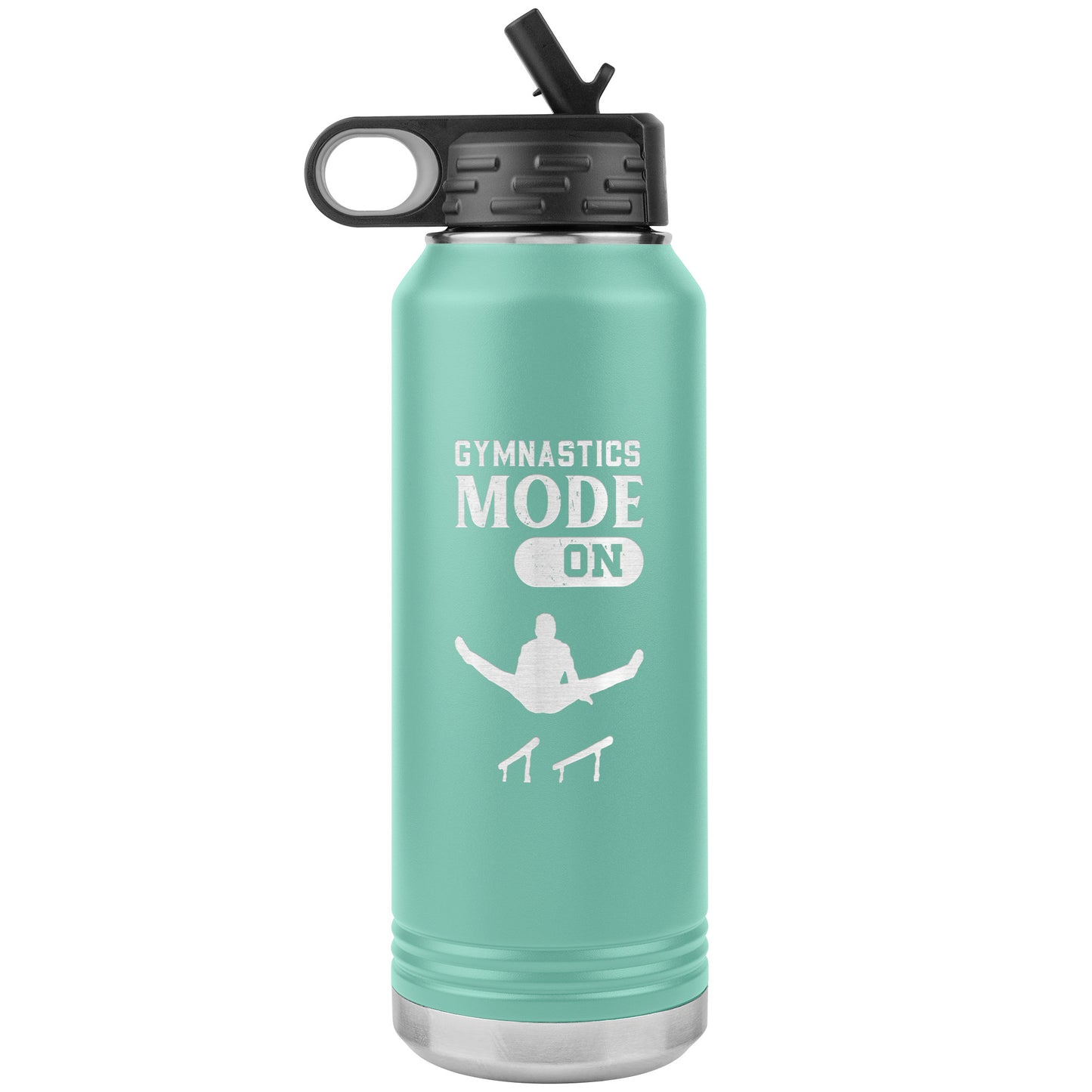 Teal Gymnastics Mode: On Men's Gymnastics Water Bottle. This 32oz stainless steel water bottle says "Gymnastics Mode: On" along with the image of a male gymnast flying above the parallel bars.