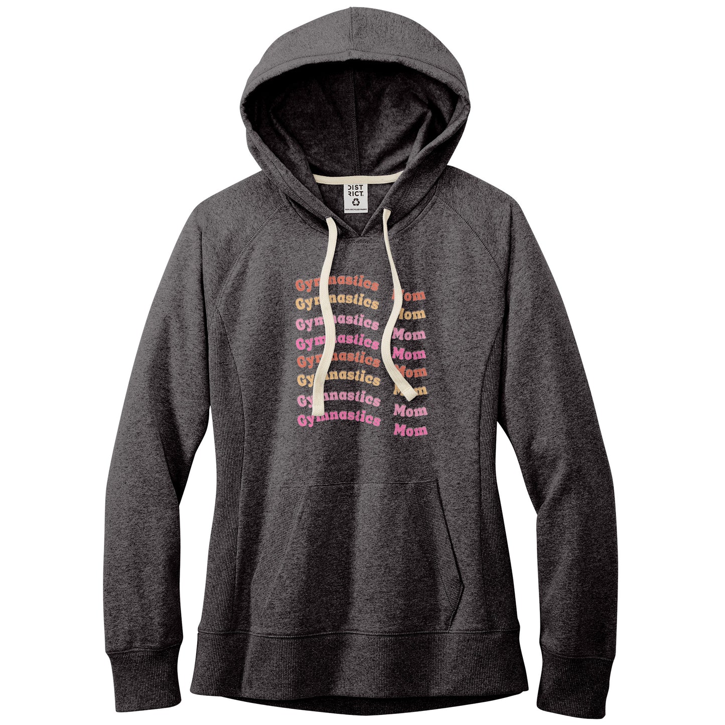 Charcoal Gymnastics Mom Retro Font Women's Hoodie. This hoodie says Gymnastics Mom several times down the front in orange, yellow, and pink wavy retro front.