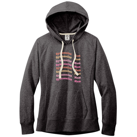 Charcoal Gymnastics Mom Retro Font Women's Hoodie. This hoodie says Gymnastics Mom several times down the front in orange, yellow, and pink wavy retro front.