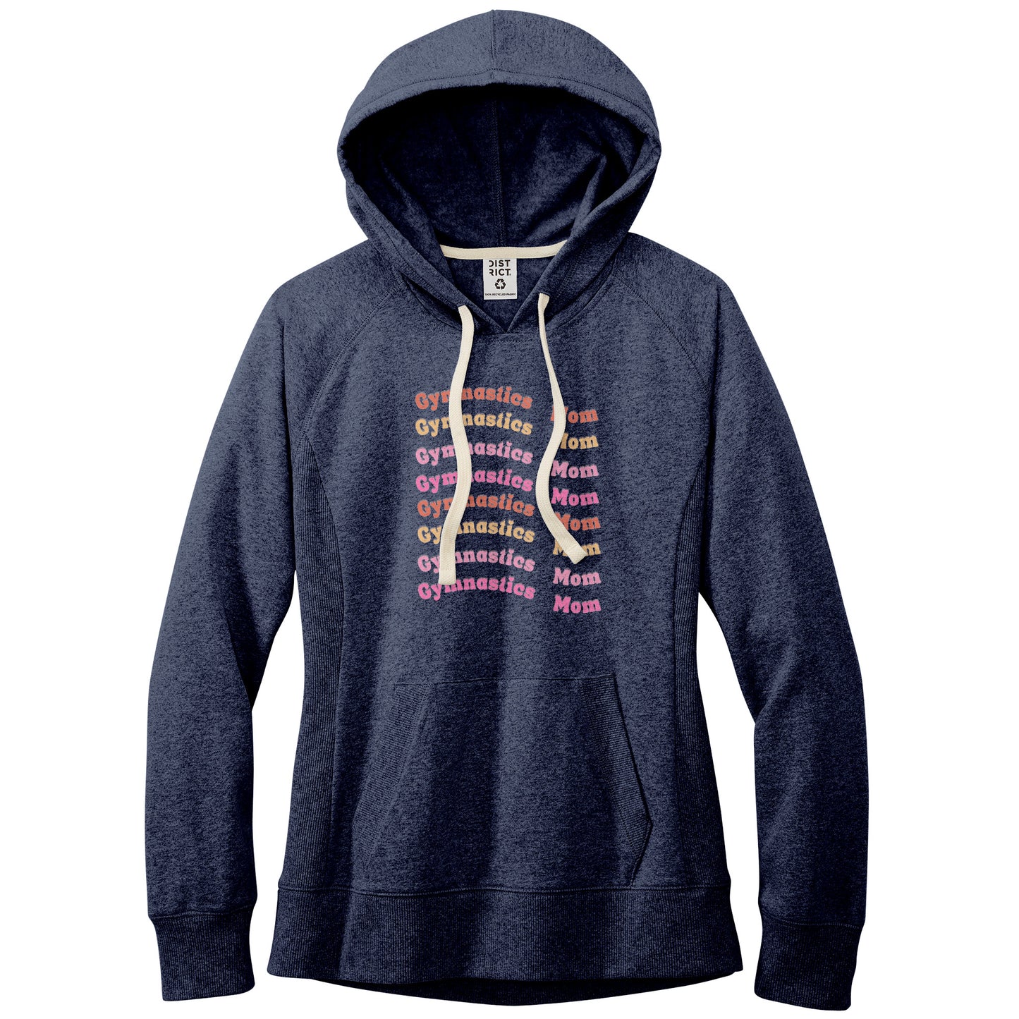 Navy Gymnastics Mom Retro Font Women's Hoodie. This hoodie says Gymnastics Mom several times down the front in orange, yellow, and pink wavy retro front.