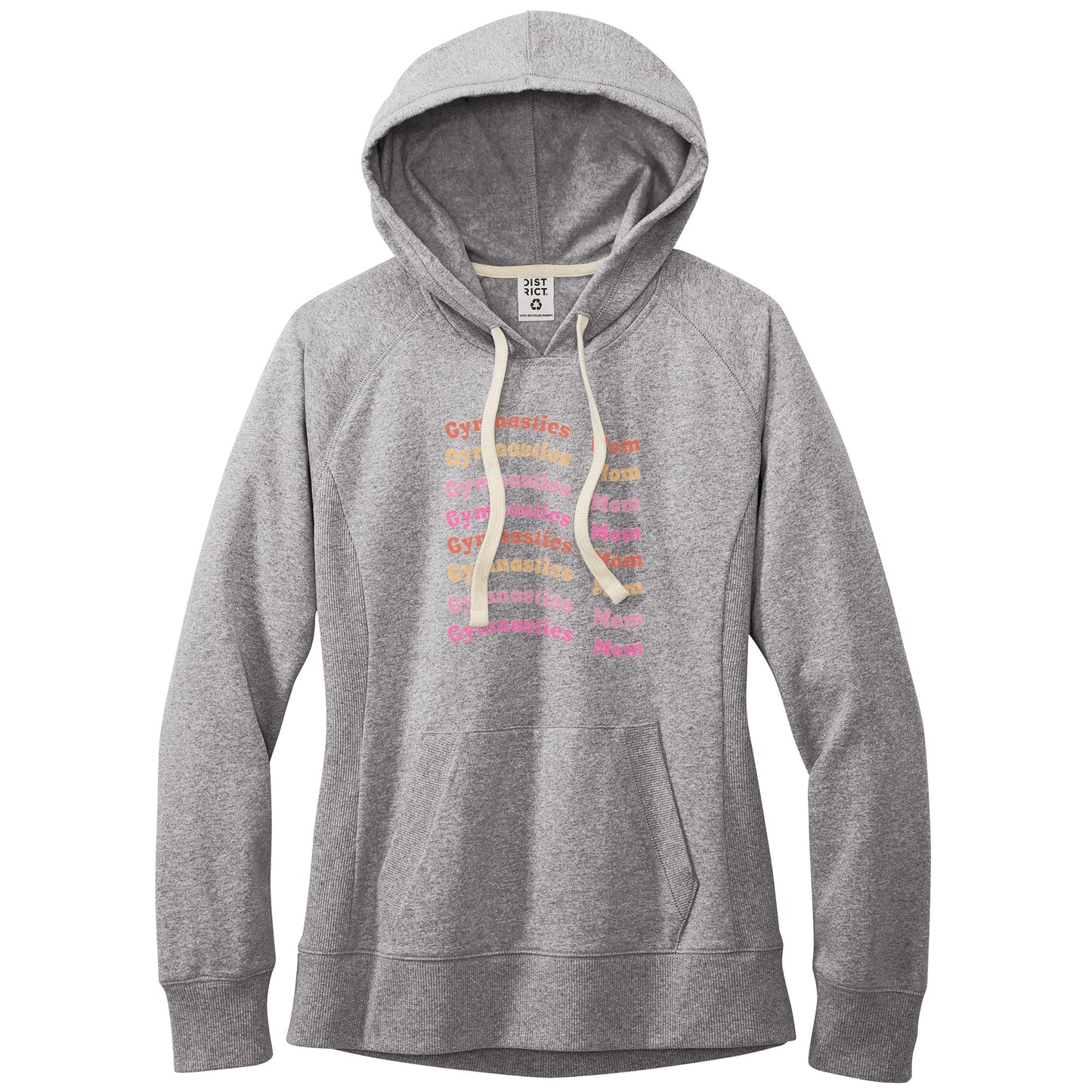Grey Gymnastics Mom Retro Font Women's Hoodie. This hoodie says Gymnastics Mom several times down the front in orange, yellow, and pink wavy retro front.