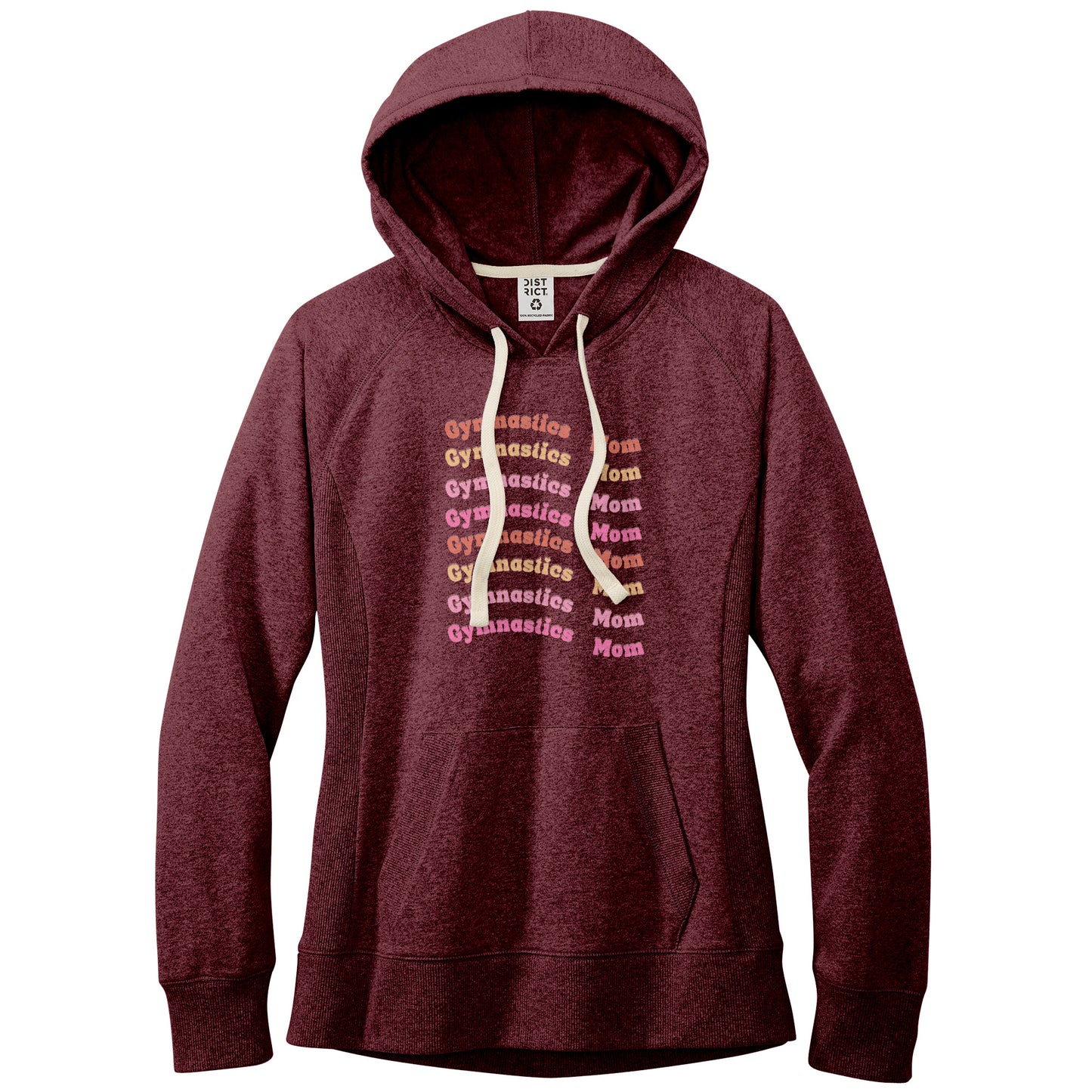 Maroon Gymnastics Mom Retro Font Women's Hoodie. This hoodie says Gymnastics Mom several times down the front in orange, yellow, and pink wavy retro front.