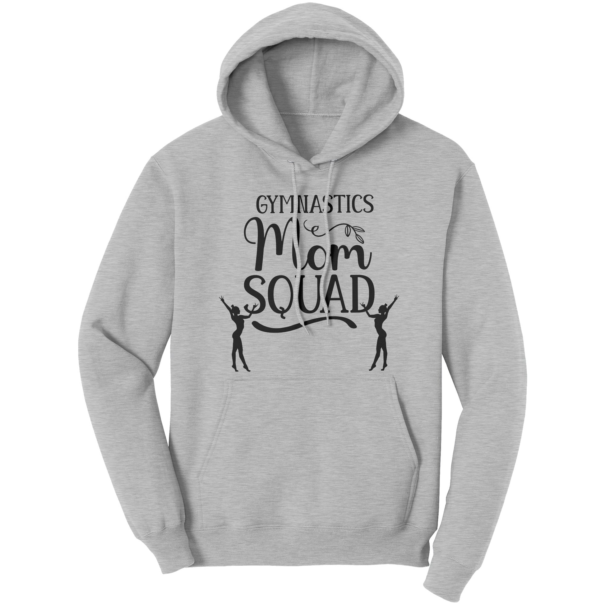 Ash Grey colored Gymnastics Mom Squad Female Gymnast Hoodie. This hoodie says Gymnastics mom Squad and features the silhouettes of two female gymnasts in black on the front.