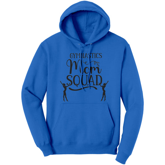 Royal Blue colored Gymnastics Mom Squad Female Gymnast Hoodie. This hoodie says Gymnastics mom Squad and features the silhouettes of two female gymnasts in black on the front.