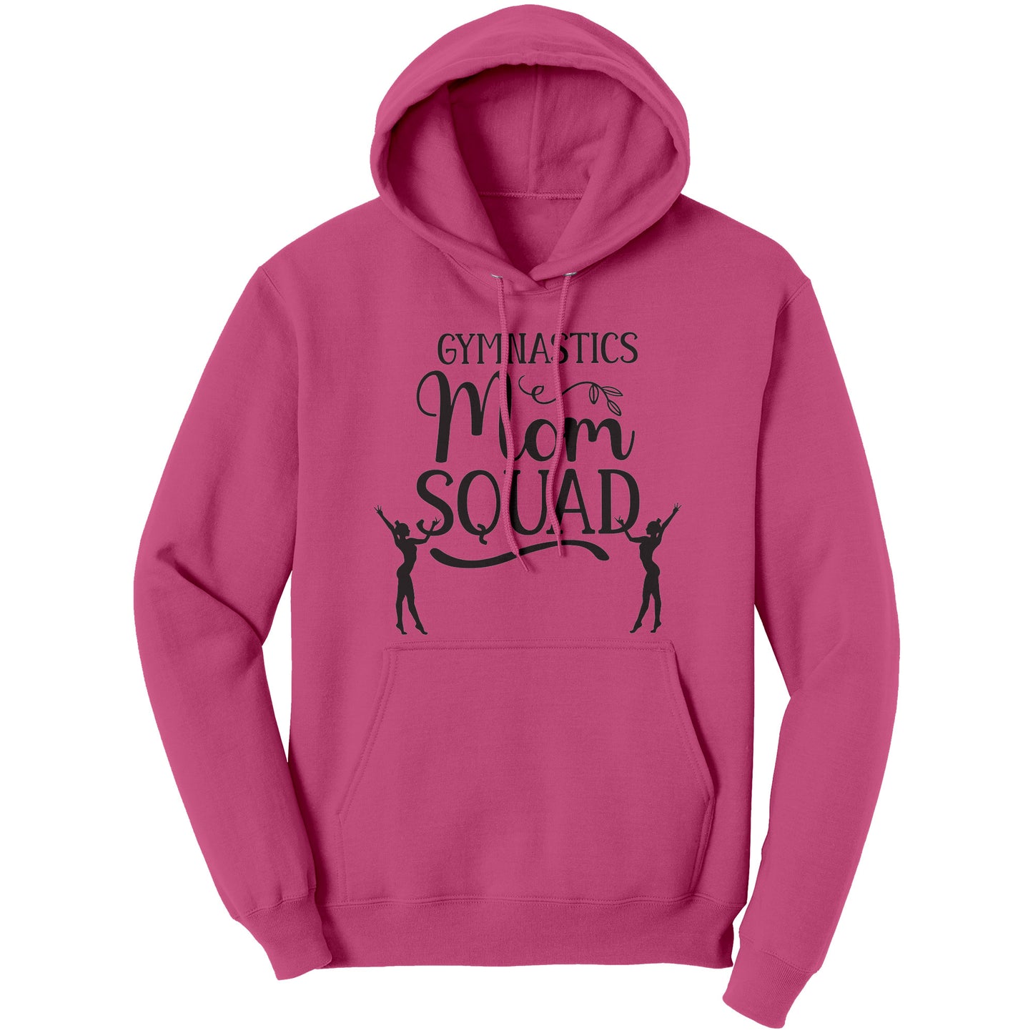 Sangria colored Gymnastics Mom Squad Female Gymnast Hoodie. This hoodie says Gymnastics mom Squad and features the silhouettes of two female gymnasts in black on the front.