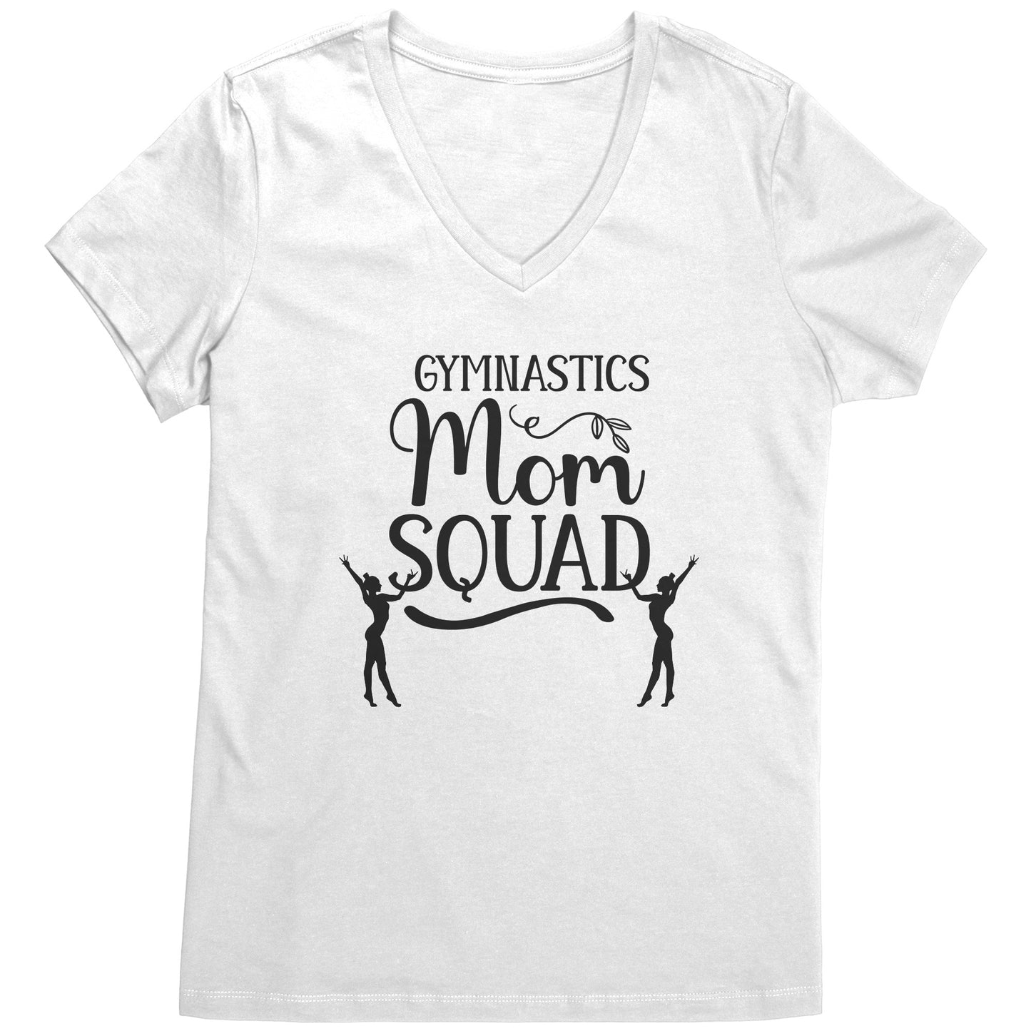 White colored Gymnastics Mom Squad Female Gymnast T-Shirt. This hoodie says Gymnastics mom Squad and features the silhouettes of two female gymnasts in black on the front.