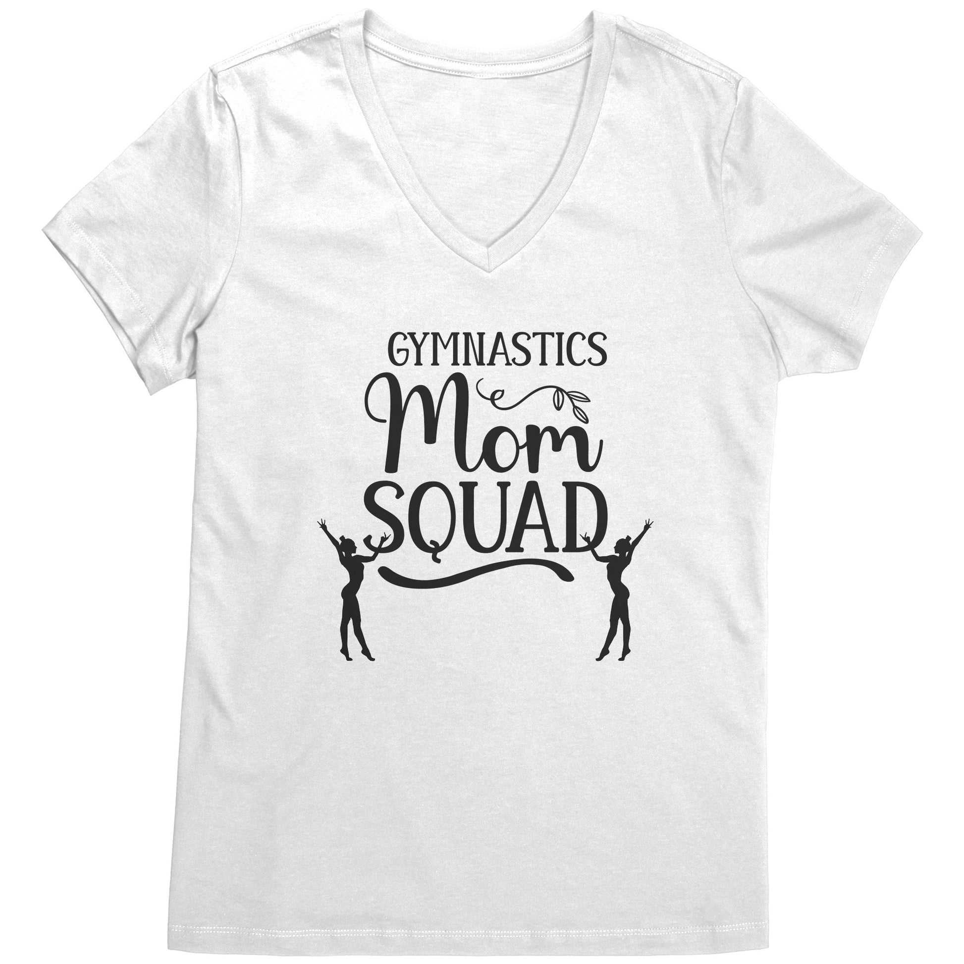 White colored Gymnastics Mom Squad Female Gymnast T-Shirt. This hoodie says Gymnastics mom Squad and features the silhouettes of two female gymnasts in black on the front.